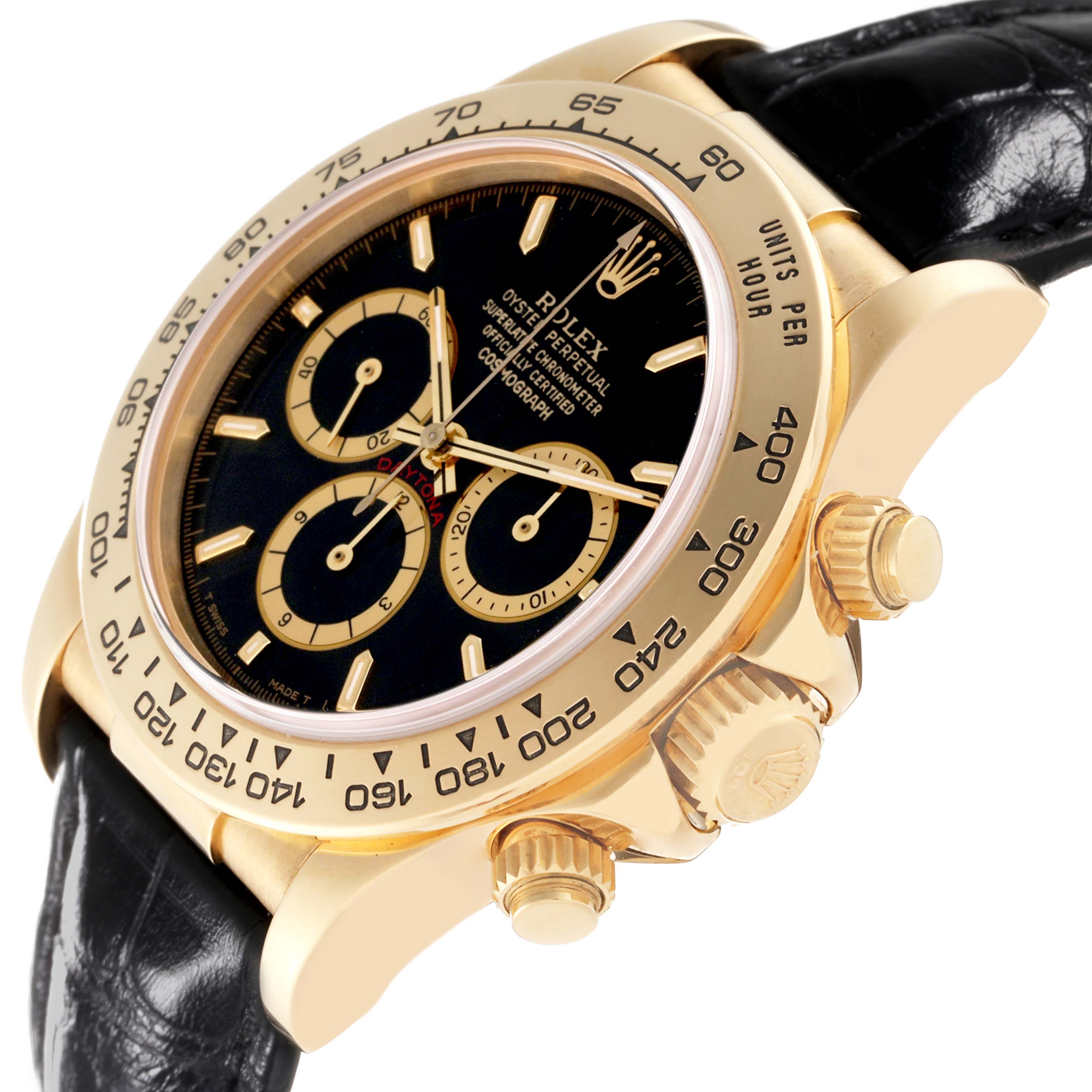 The Rolex Daytona 16518 Men's Yellow Gold Black Dial 16518 Men's Yellow Gold Black Dial model watch is shown at an oblique angle, highlighting the dial, chronograph, and bezel.