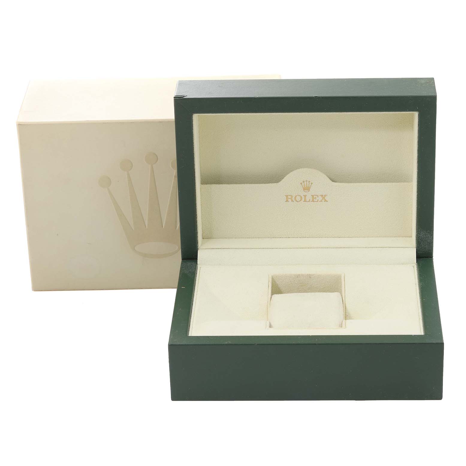 The image shows an open Rolex watch box for the Daytona model, displaying the top cushion compartment and the outer box.