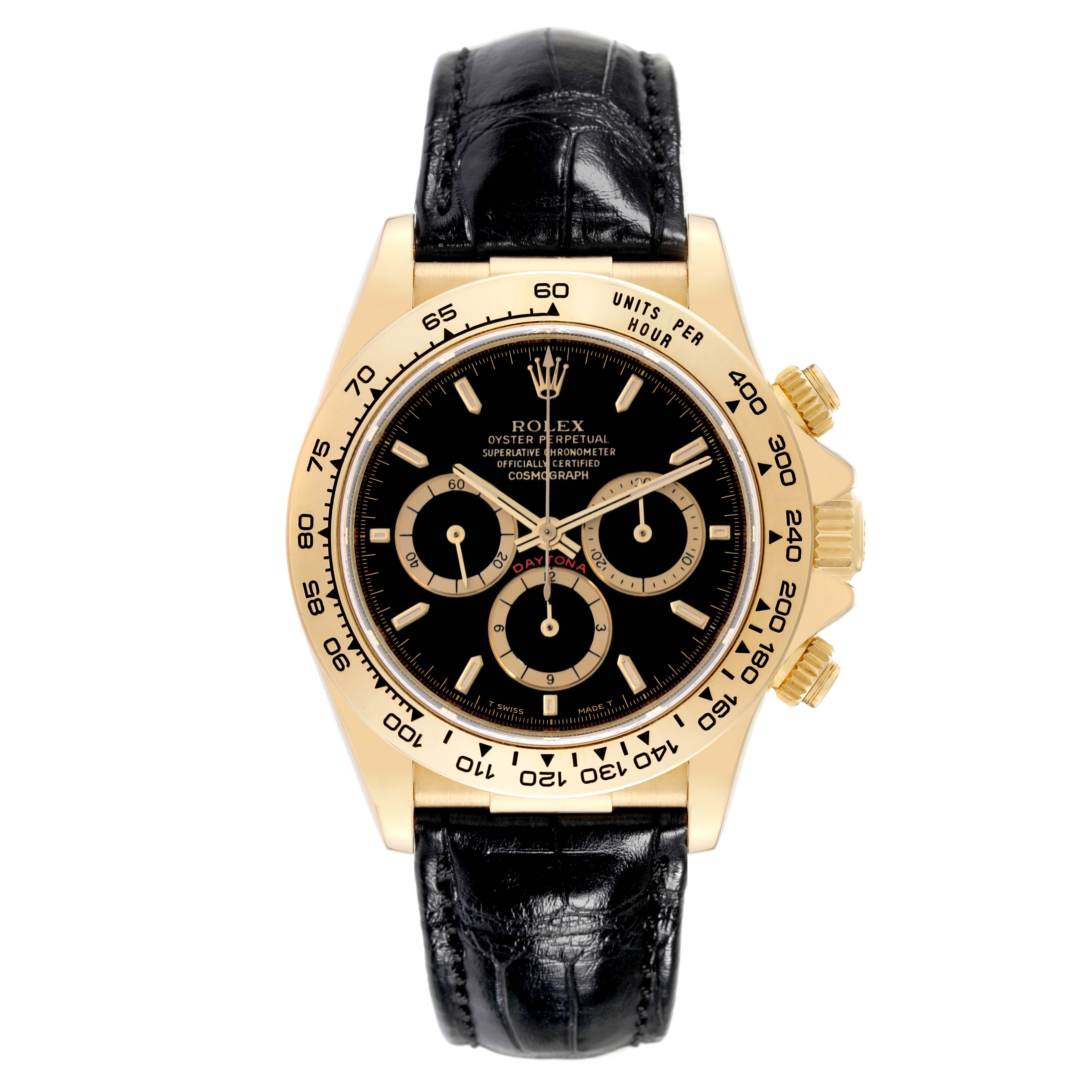 The image shows a Rolex Daytona 16518 Men's Yellow Gold Black Dial 16518 Men's Yellow Gold Black Dial watch with a black dial, gold case, and black leather strap, viewed from the front.