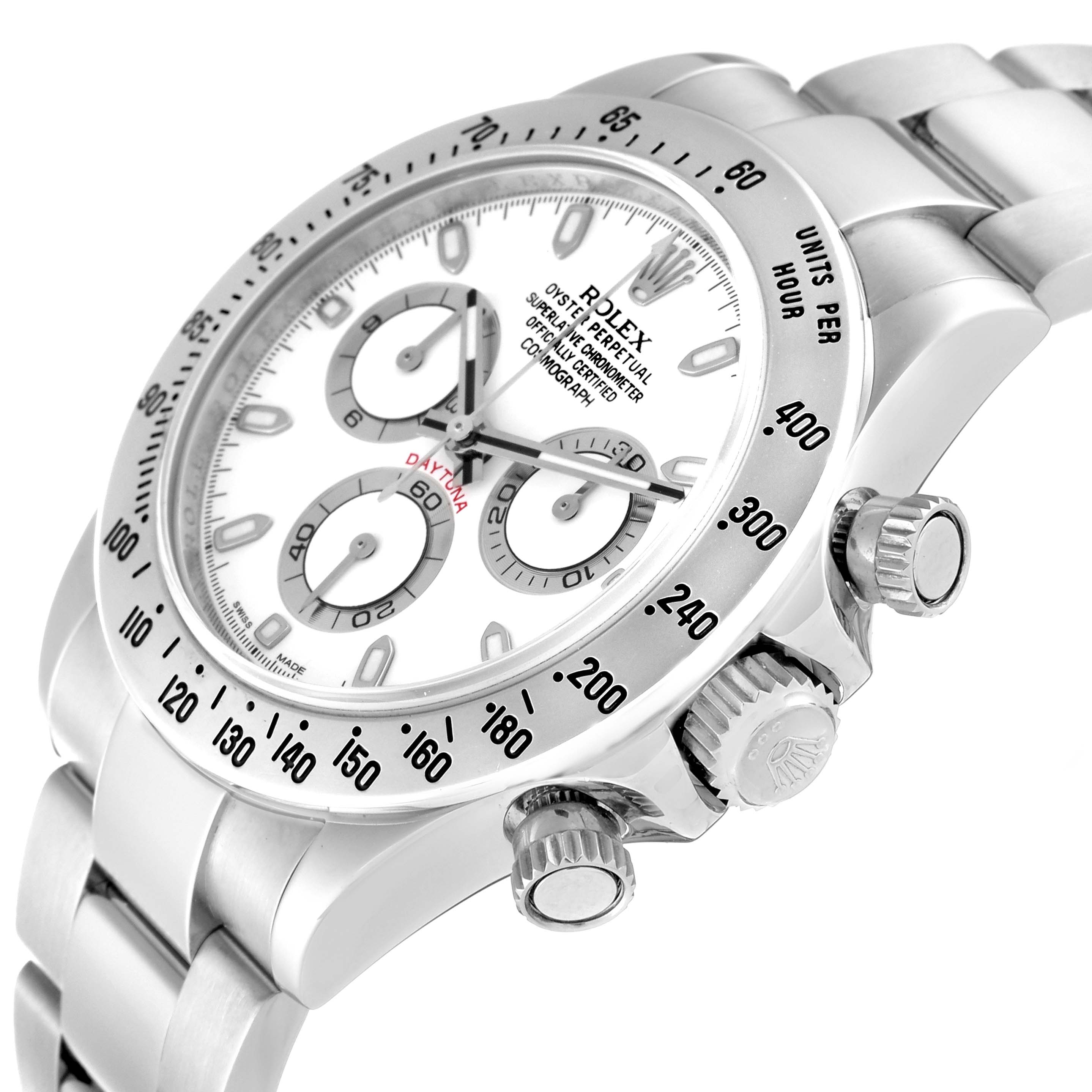 The image shows a Rolex Daytona 116520 Men's Stainless Steel White Dial 116520 Men's Stainless Steel White Dial watch at an oblique angle, highlighting the face, bezel, and crown.