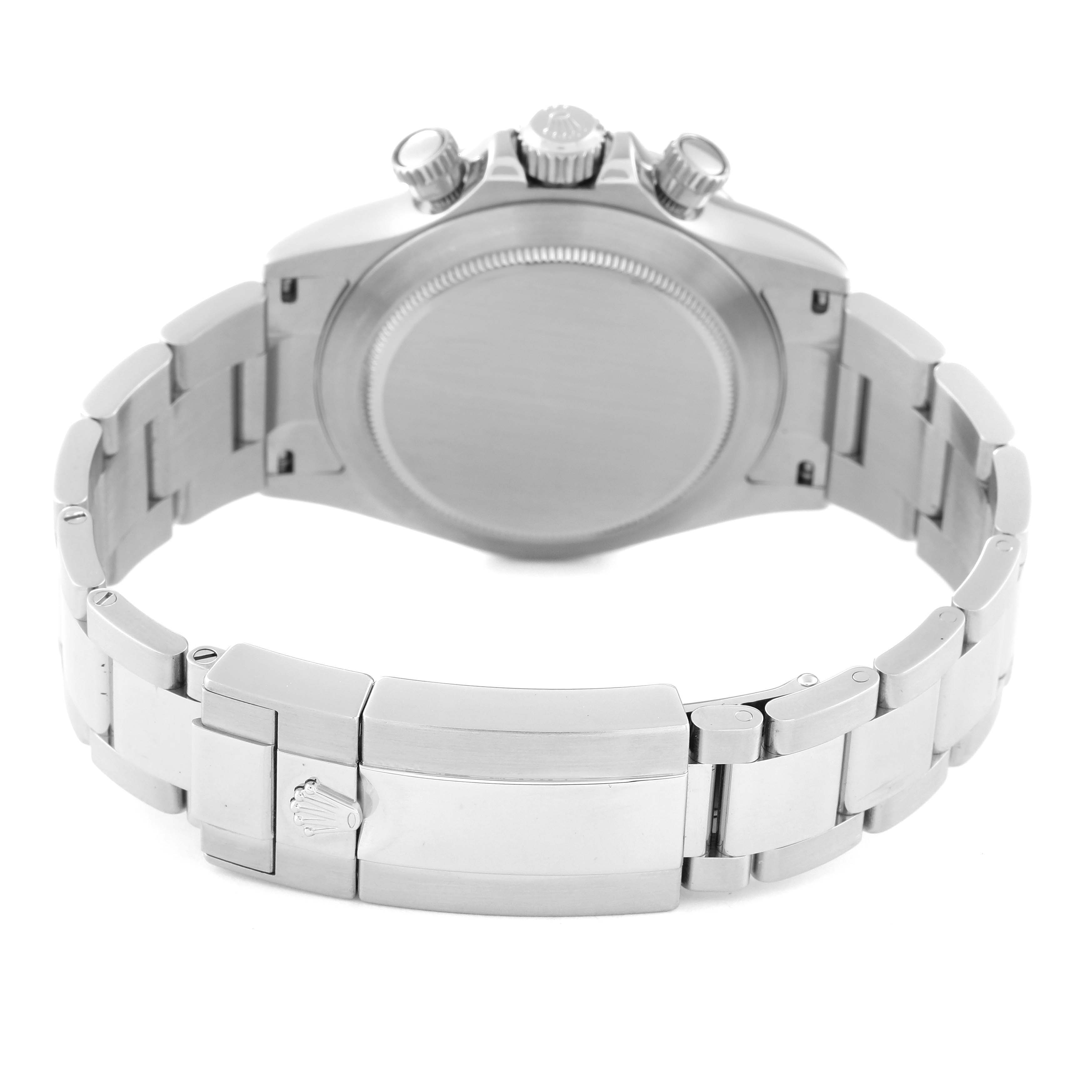This image shows the back view of the Rolex Daytona 116520 Men's Stainless Steel White Dial 116520 Men's Stainless Steel White Dial watch, focusing on the case back, bracelet, and clasp.