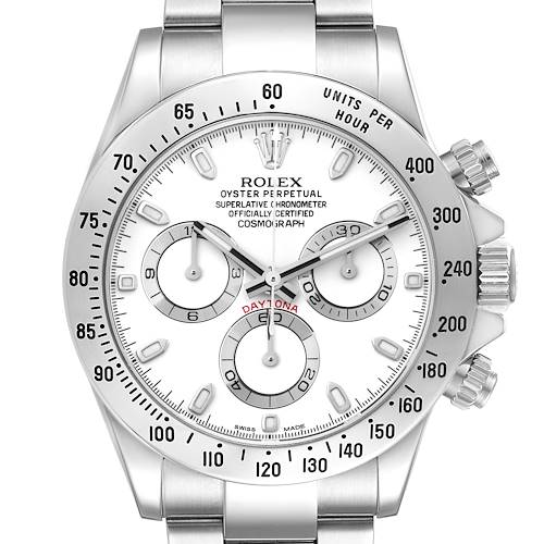 This image shows a front view of a Rolex Daytona watch displaying its dial, bezel, and chronograph sub-dials.