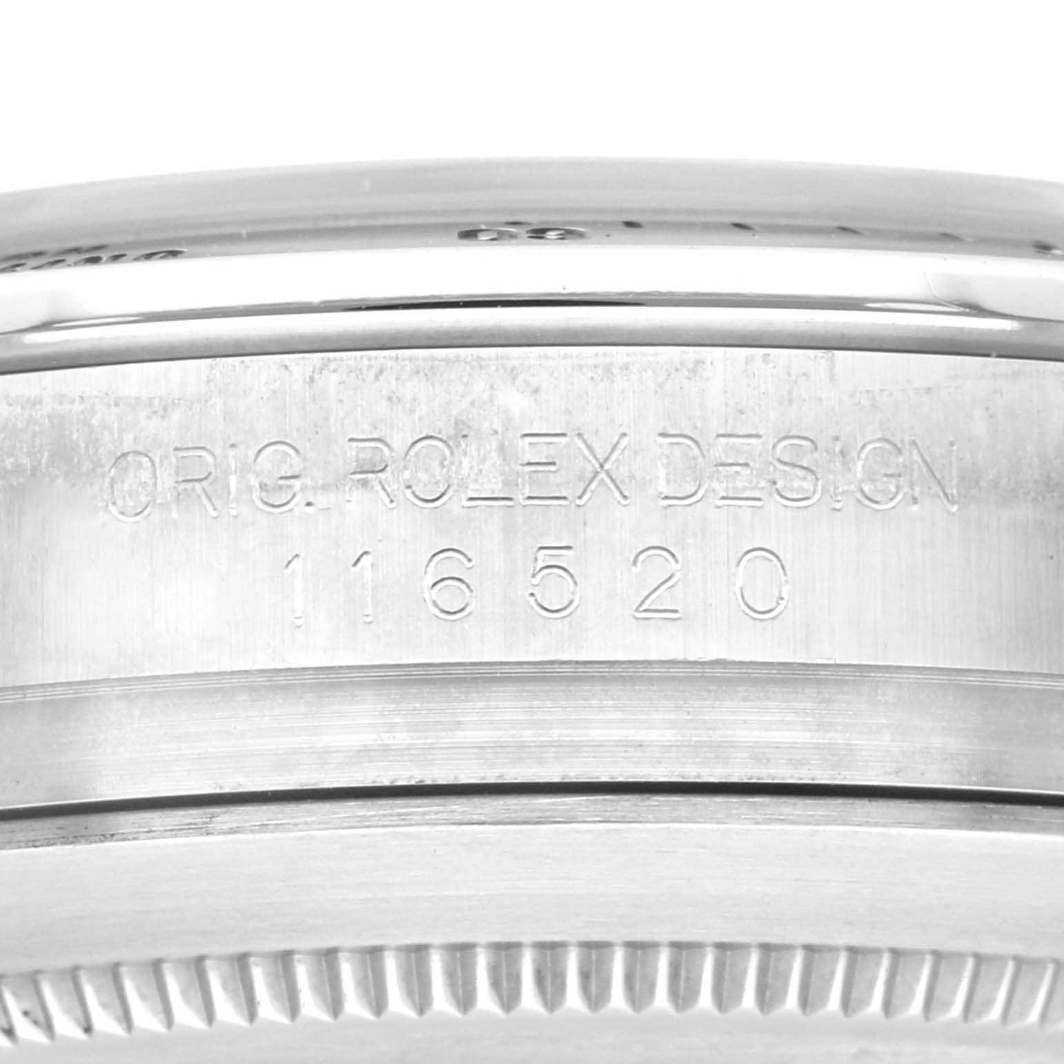 The image shows a close-up of the side engraving on the case of the Rolex Daytona 116520 Men's Stainless Steel White Dial 116520 Men's Stainless Steel White Dial watch, displaying "ORIG. ROLEX DESIGN 116520."