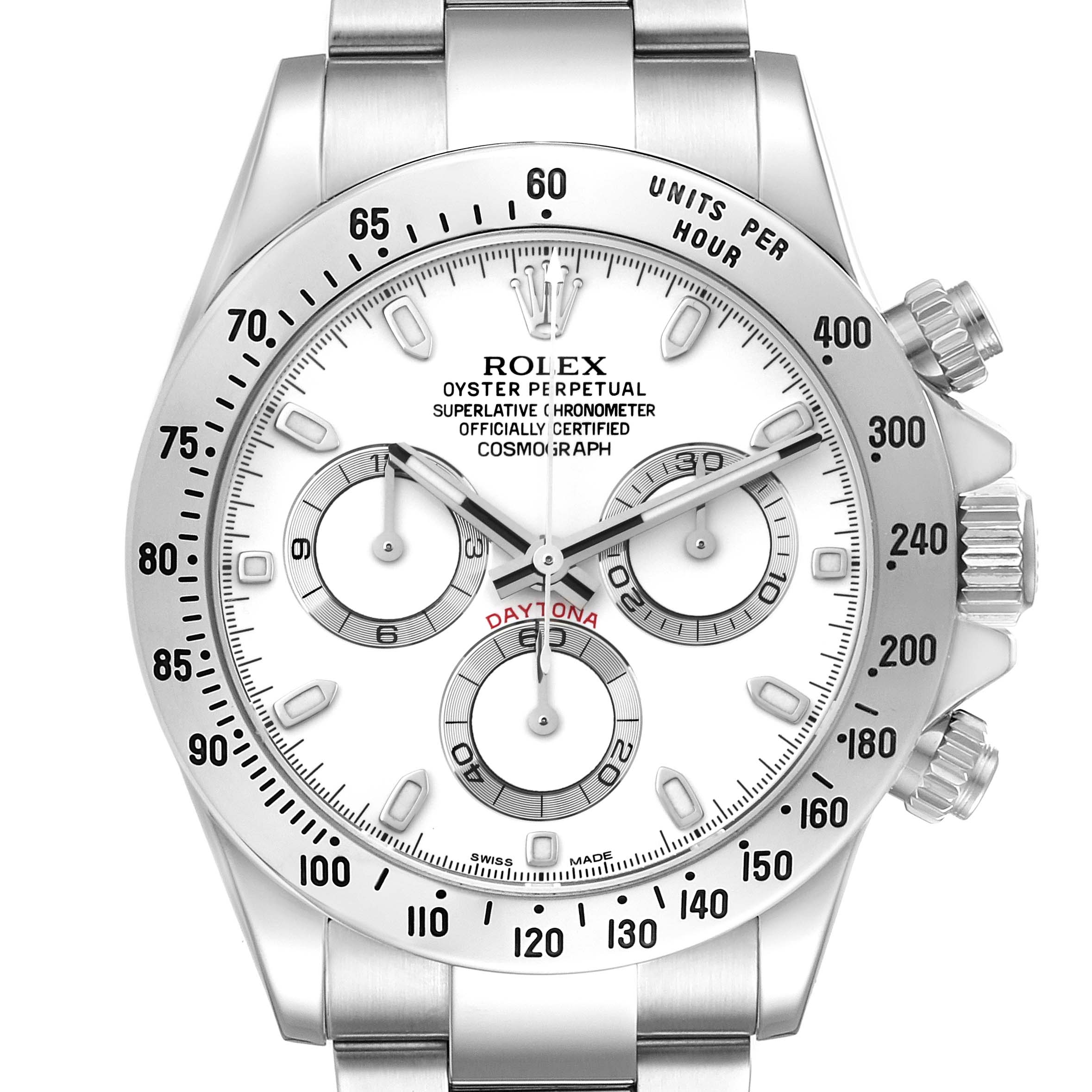 This is a front view of the Rolex Daytona 116520 Men's Stainless Steel White Dial 116520 Men's Stainless Steel White Dial watch, showcasing its dial, bezel, chronograph subdials, and crown.