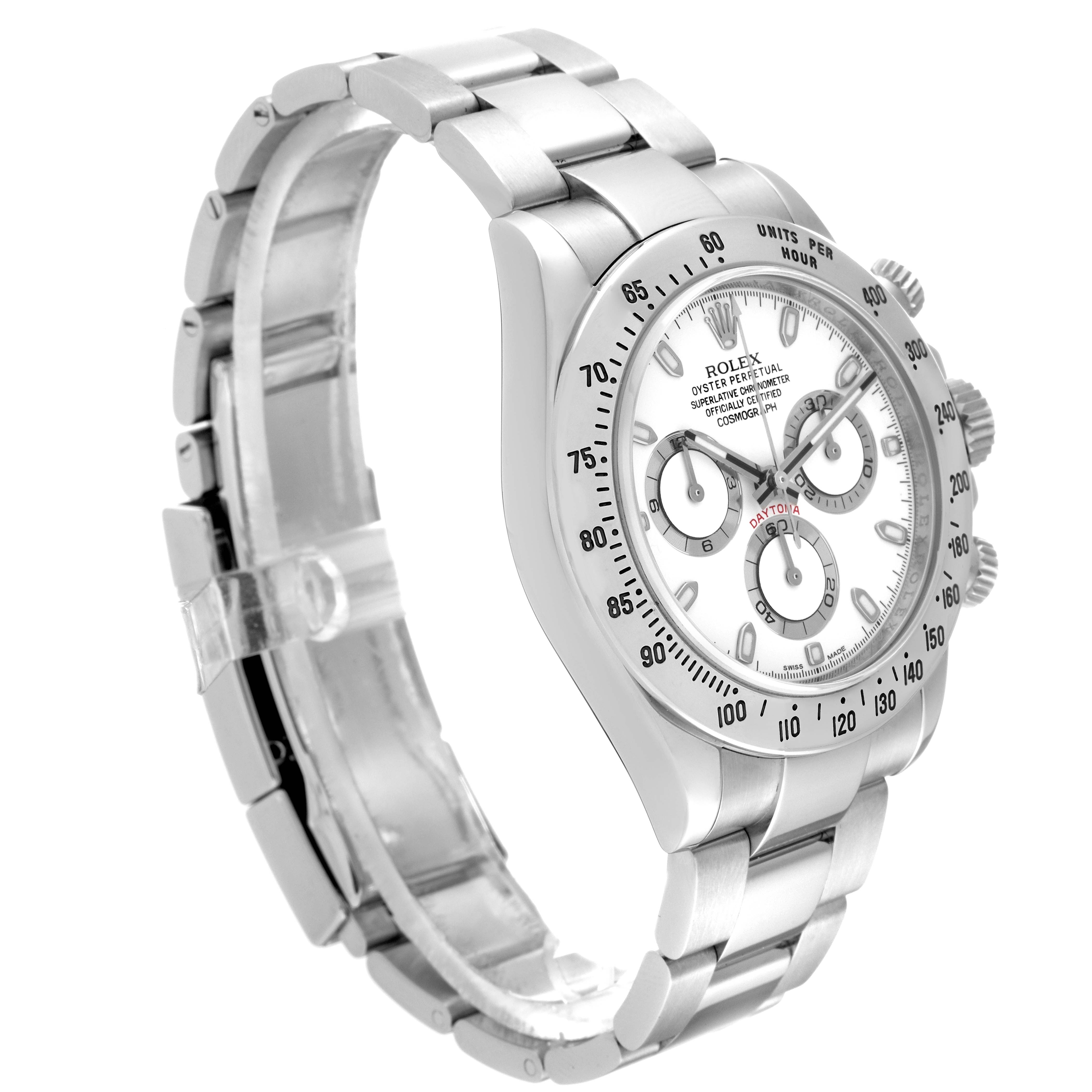 The image shows a side-angle view of a Rolex Daytona 116520 Men's Stainless Steel White Dial 116520 Men's Stainless Steel White Dial watch, highlighting its silver bracelet, bezel, and dial with chronograph features.