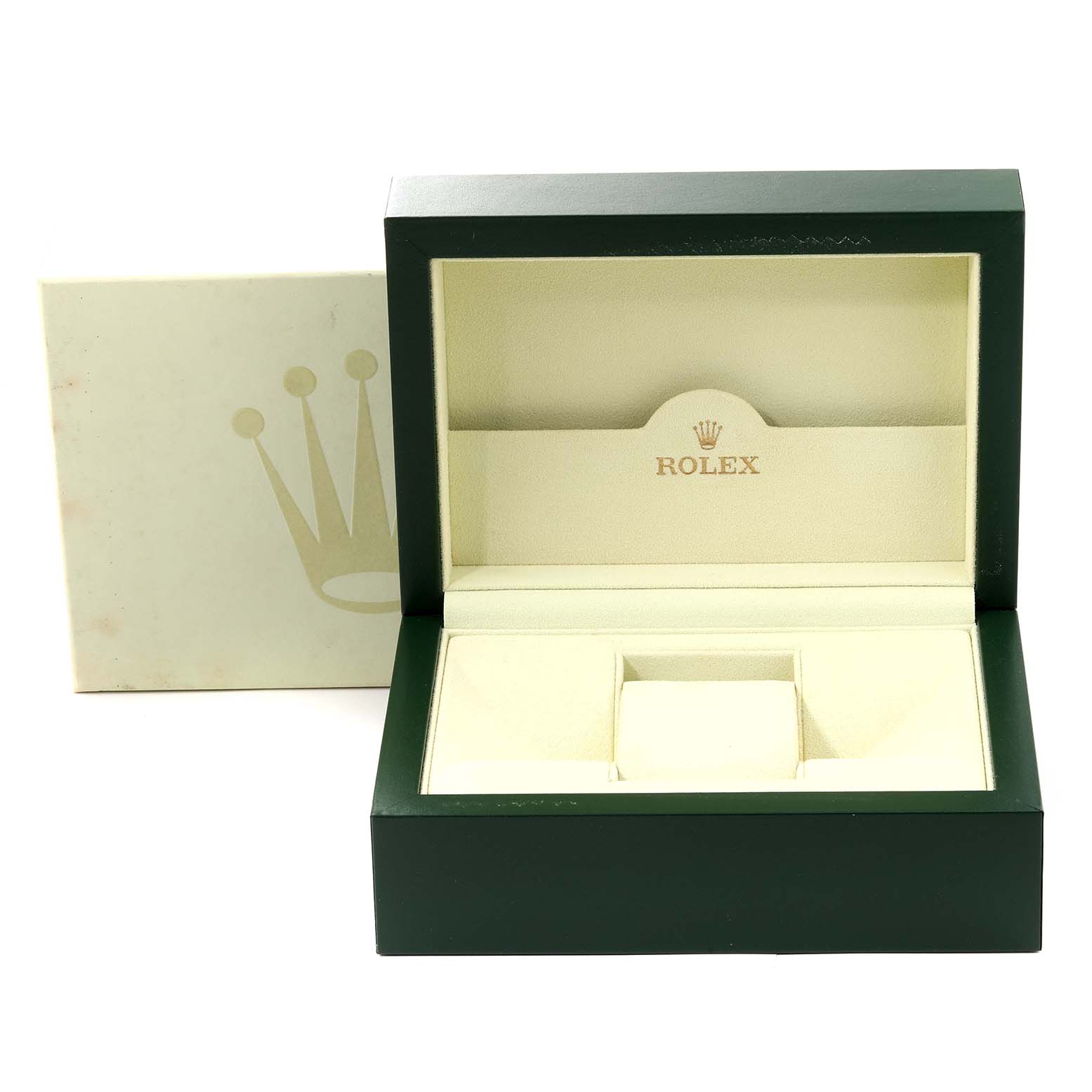 The image shows an open green Rolex box for the Daytona model, displaying the interior compartments and the Rolex logo.