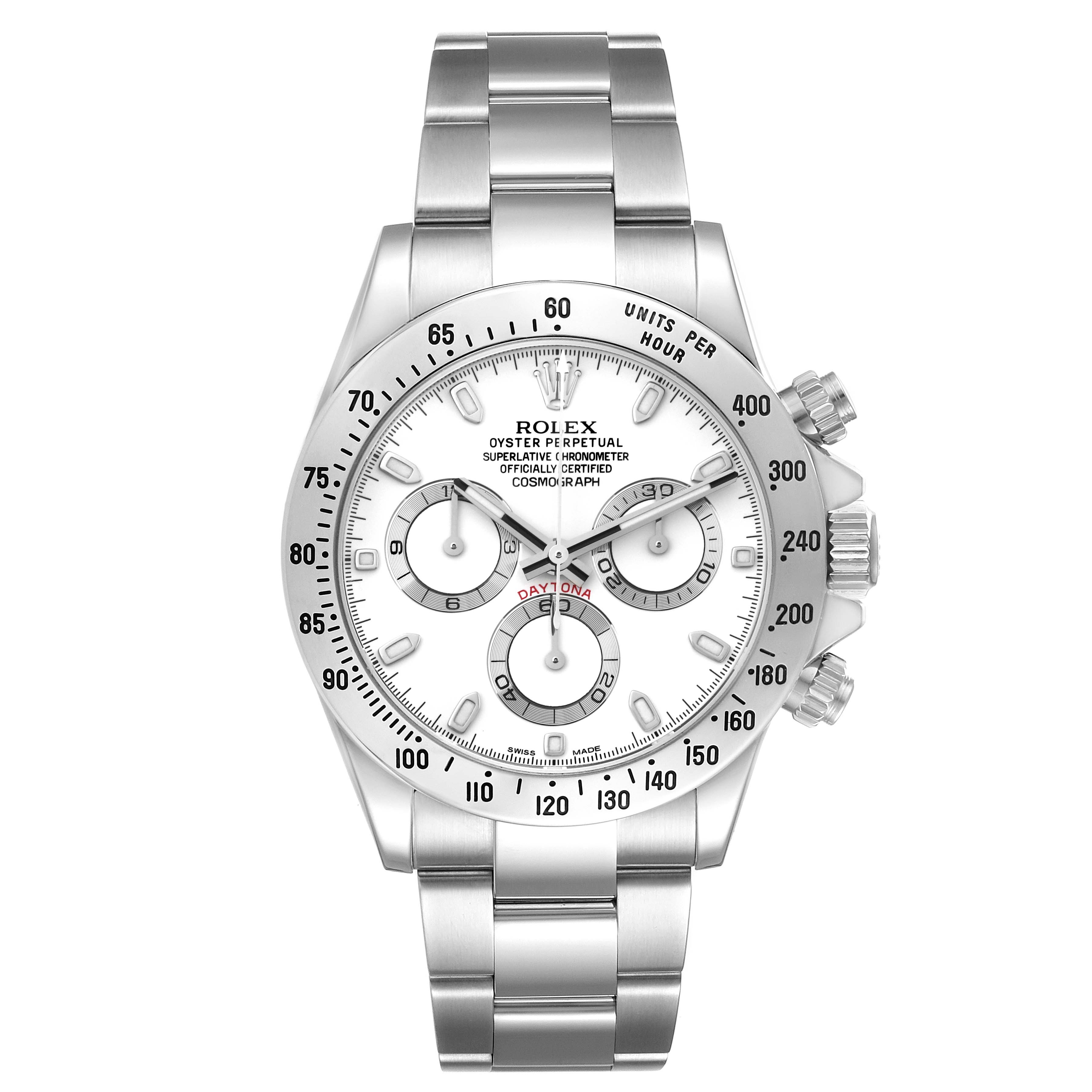 This image shows a front view of the Rolex Daytona 116520 Men's Stainless Steel White Dial 116520 Men's Stainless Steel White Dial watch, displaying the dial, bezel, and bracelet.