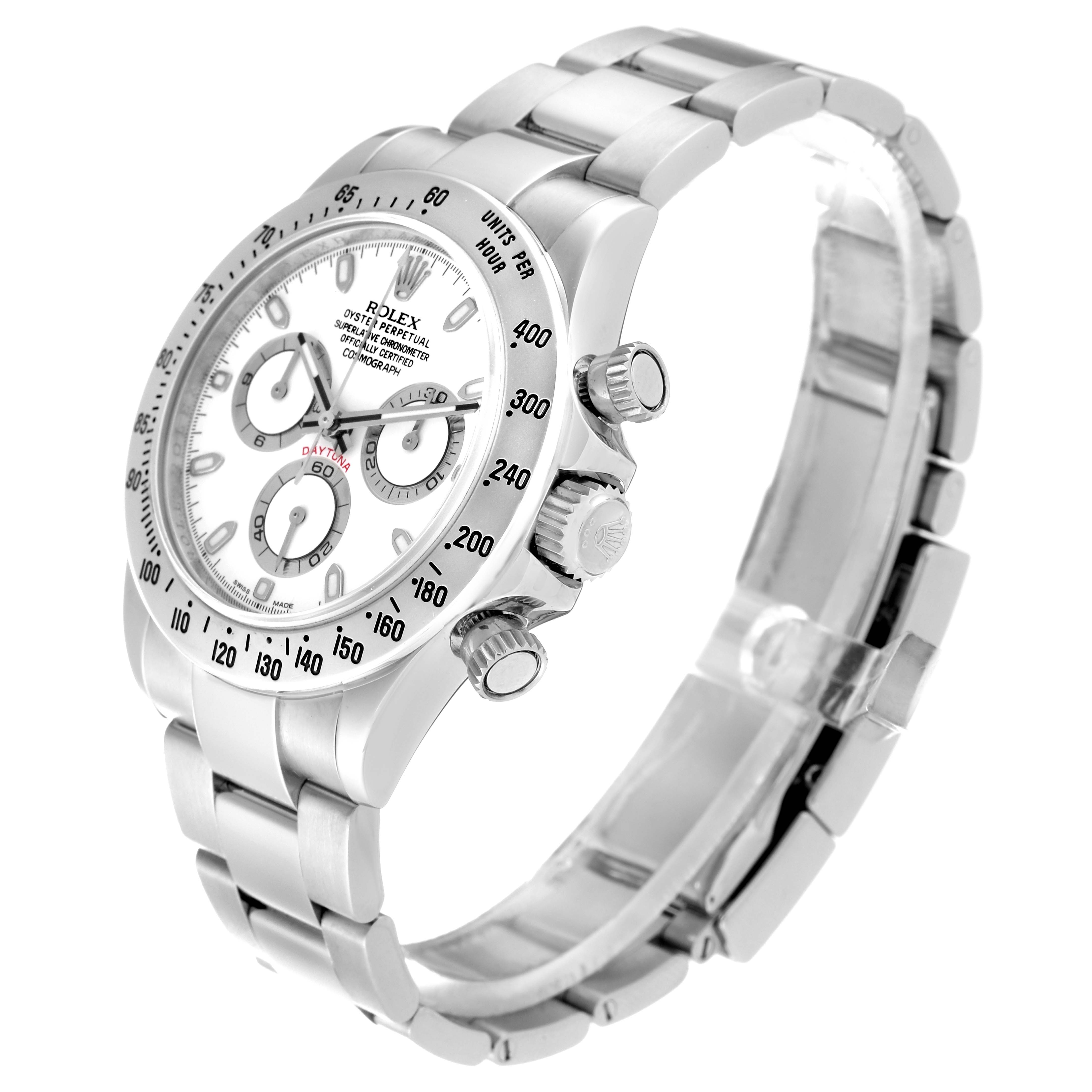 The image shows a silver Rolex Daytona 116520 Men's Stainless Steel White Dial 116520 Men's Stainless Steel White Dial model watch at a three-quarter angle, highlighting the dial, bezel, crown, and bracelet.