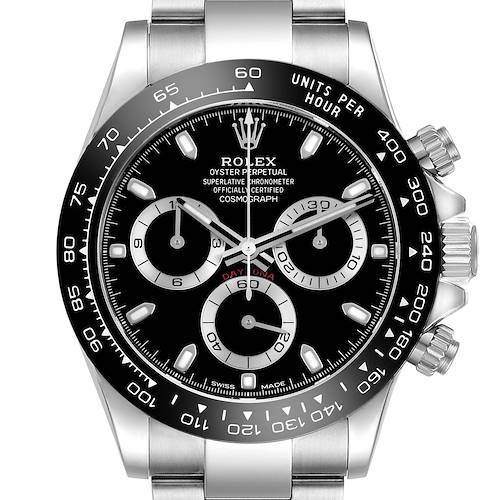The Rolex Daytona 116500LN Men's Stainless Steel Black Dial watch is shown from a frontal angle, highlighting the dial, bezel, and pushers.