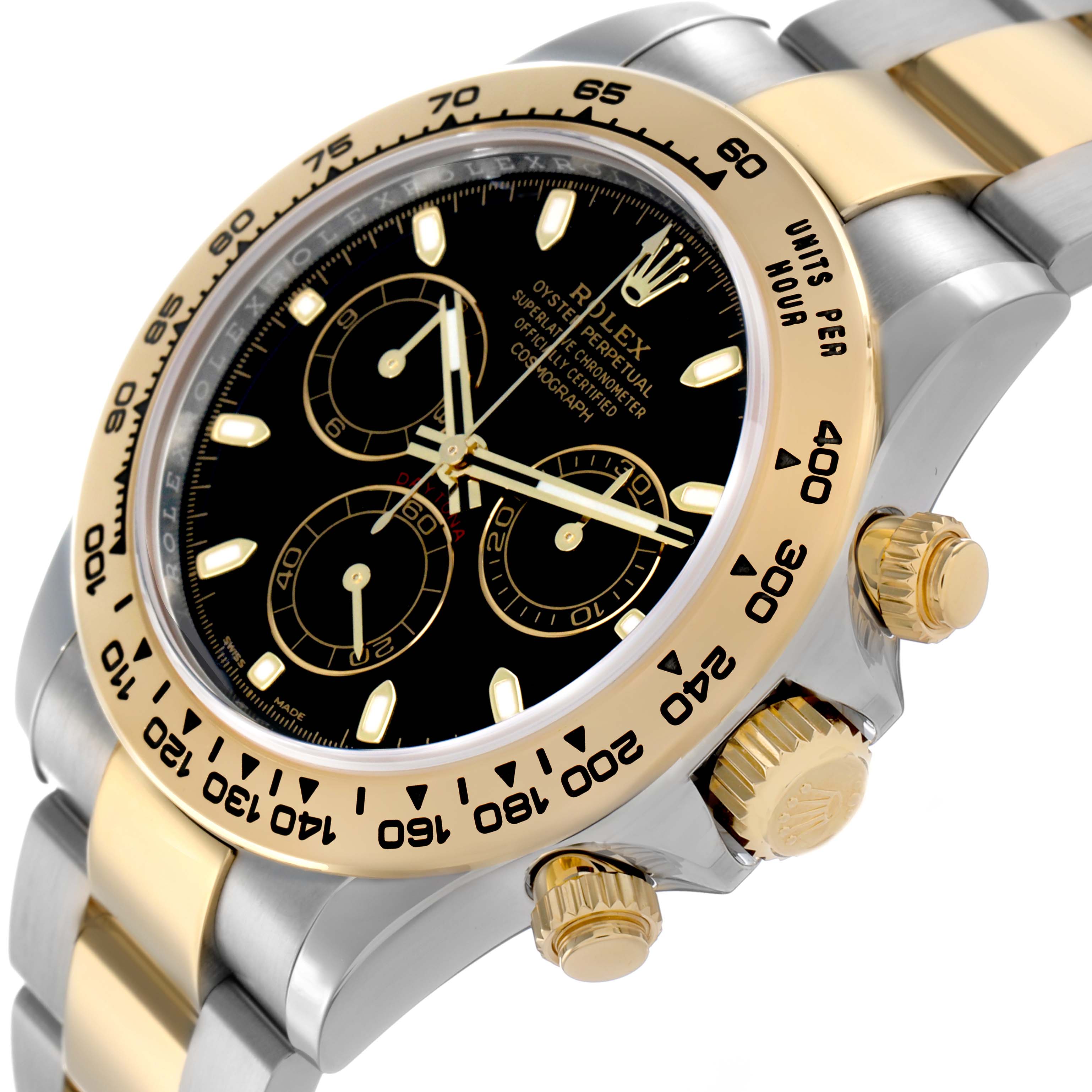 The Rolex Daytona 116503 Men
s Steel and Gold (two tone) Black Dial watch is shown in a close-up angled view, highlighting the bezel, face, and crown.