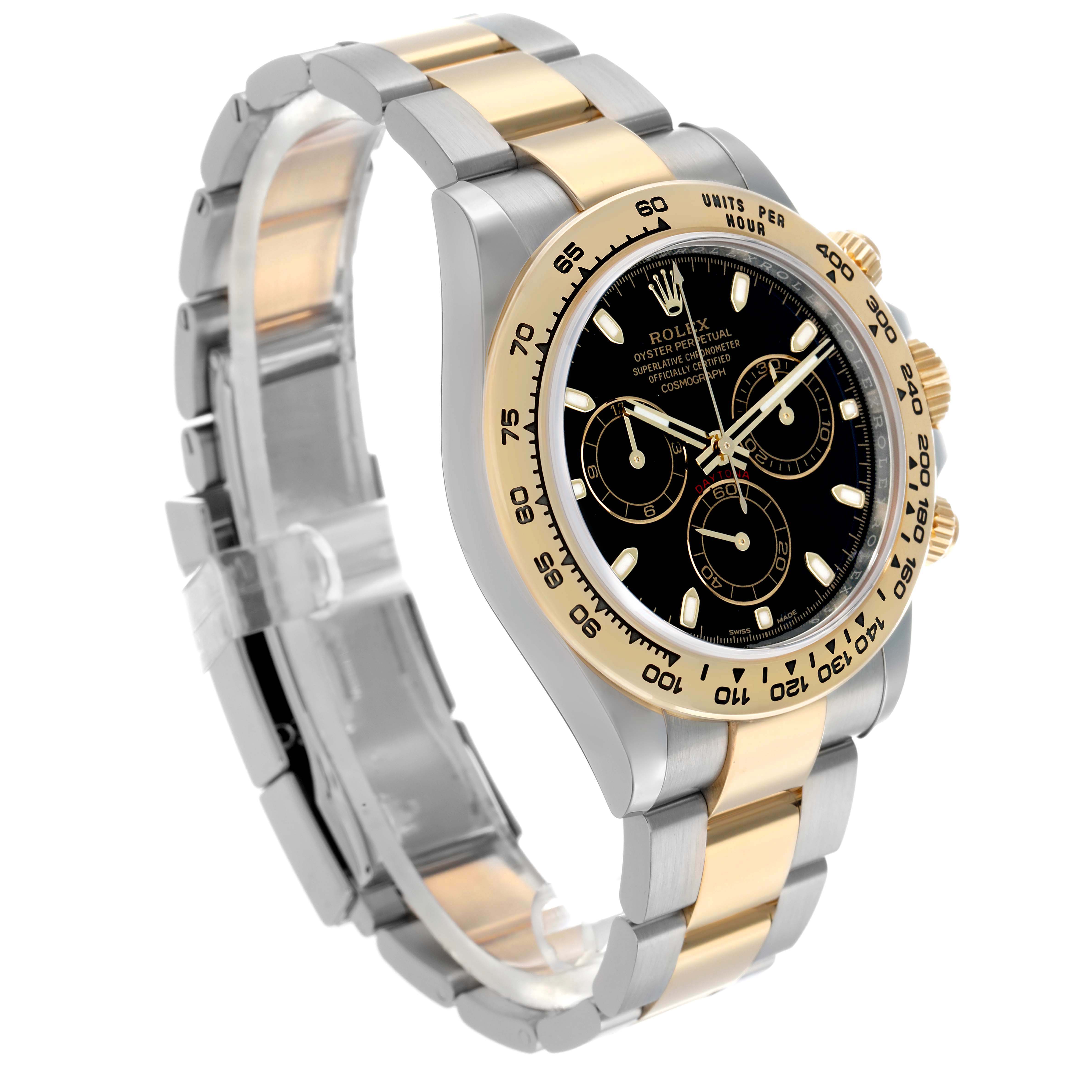 The Rolex Daytona 116503 Men
s Steel and Gold (two tone) Black Dial is shown at a three-quarter angle, displaying the dial, bezel, and two-tone bracelet.