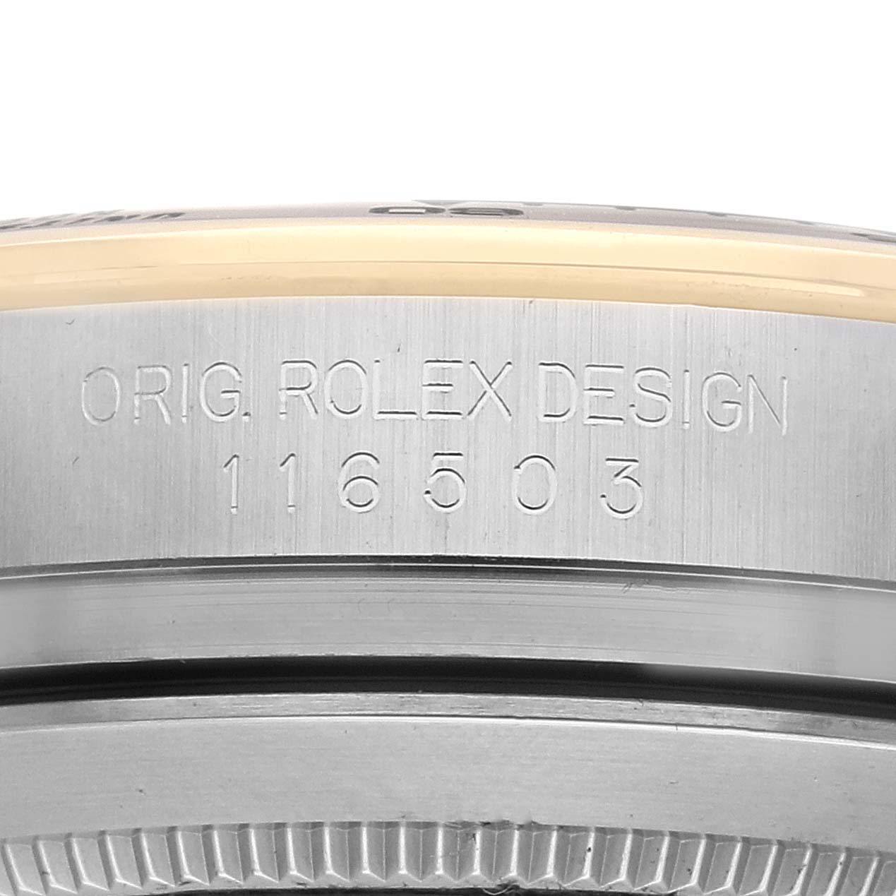 The image shows the side view of a Rolex Daytona 116503 Men
s Steel and Gold (two tone) Black Dial watch case, highlighting the engraved model number and design details.