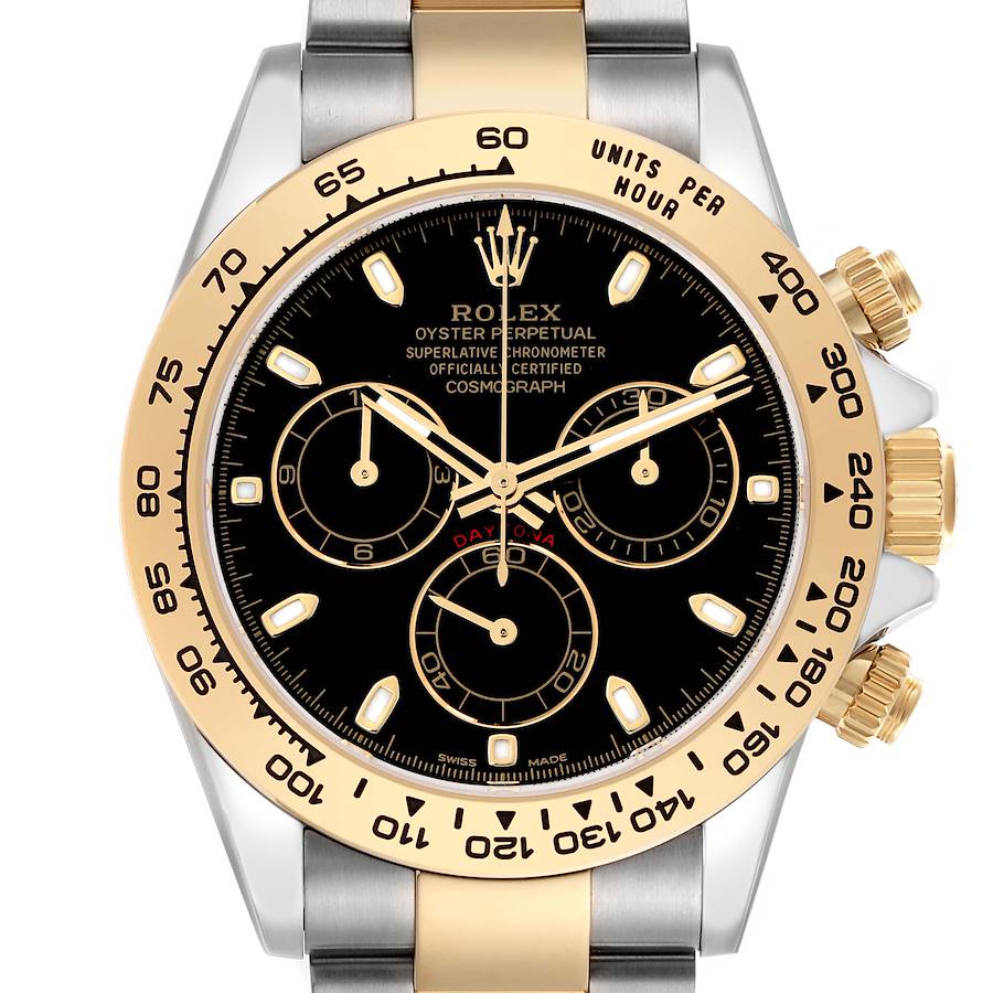 The image shows a Rolex Daytona 116503 Men's Steel and Gold (two tone) Black Dial watch from a head-on angle, highlighting the bezel, dial, subdials, and crown.