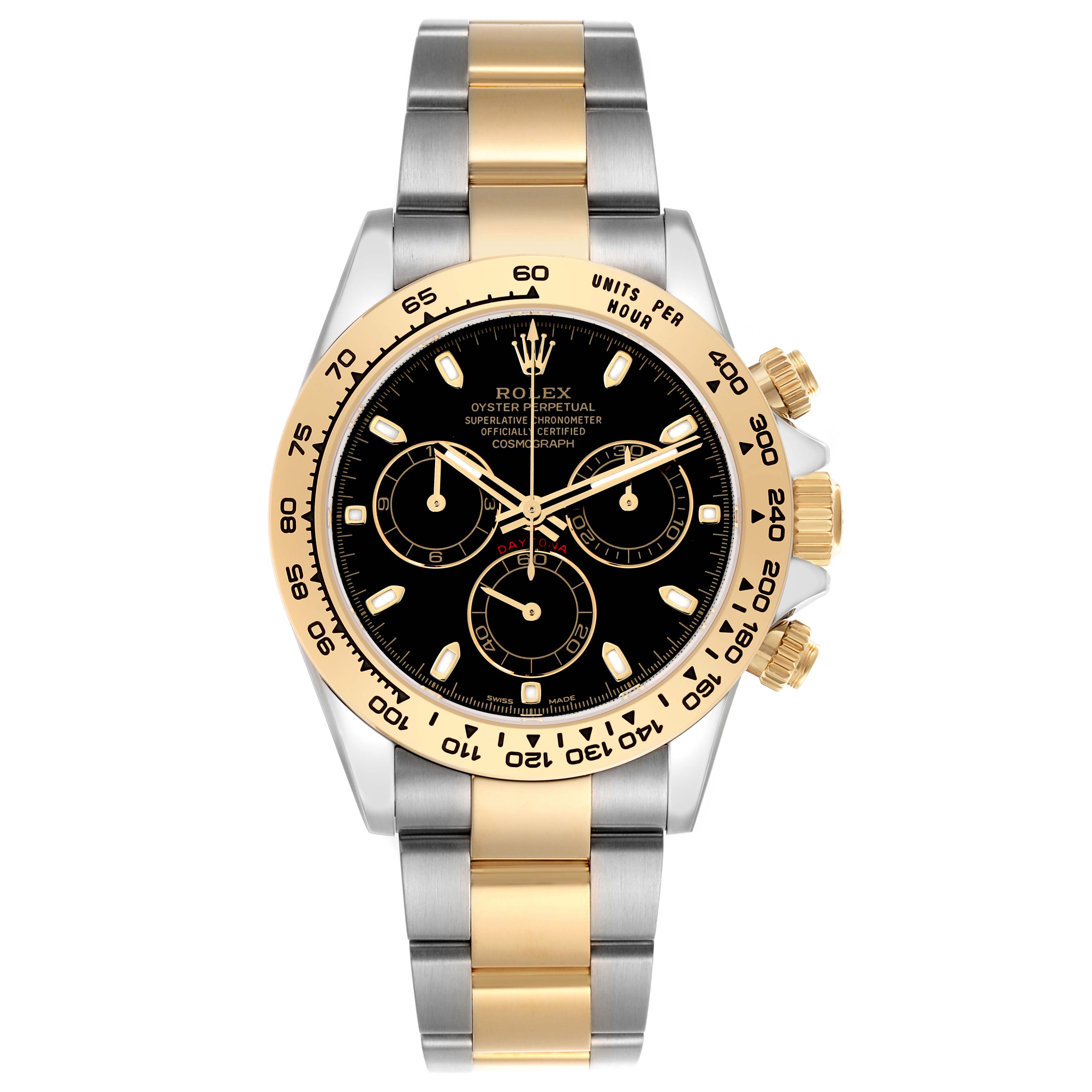 The Rolex Daytona 116503 Men
s Steel and Gold (two tone) Black Dial watch is shown from the front, highlighting its two-tone bracelet, bezel, and black dial with subdials.