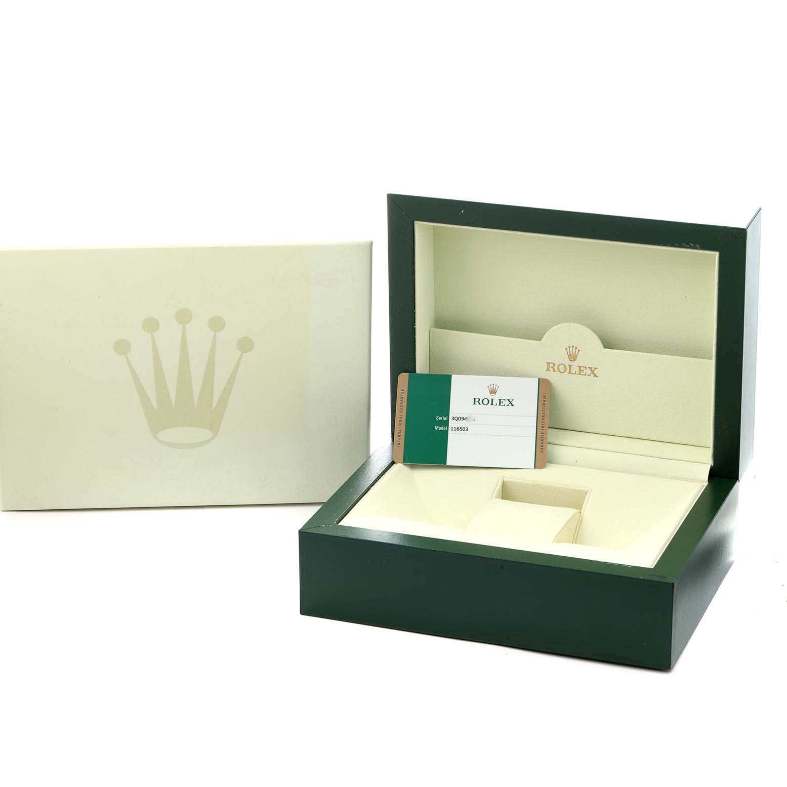 The image shows a Rolex Daytona 116503 Men
s Steel and Gold (two tone) Black Dial watch box and warranty card, with the lid open and an outer box beside it.