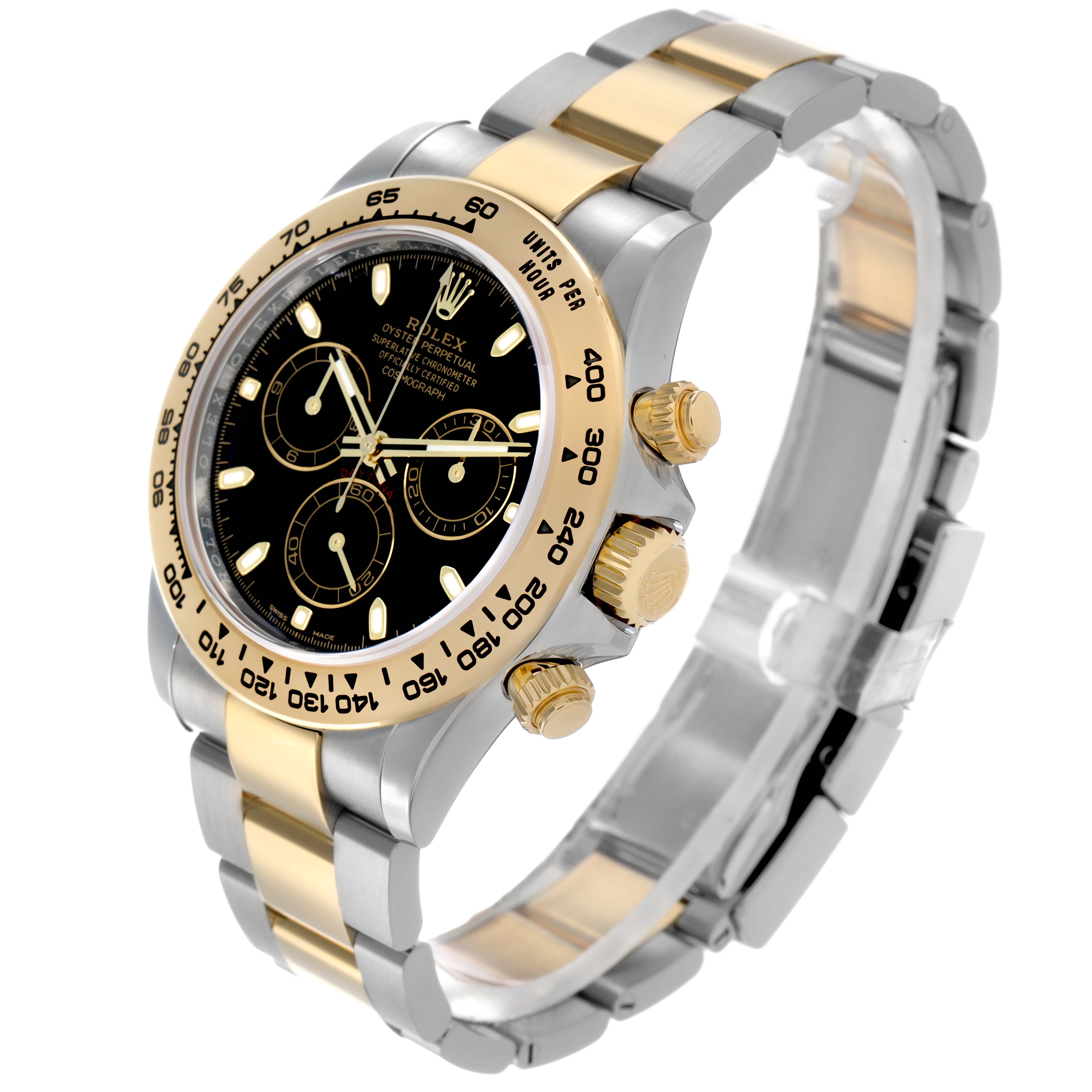 The Rolex Daytona 116503 Men
s Steel and Gold (two tone) Black Dial watch is shown at an angle highlighting the face, bezel, crown, pushers, and bracelet links.