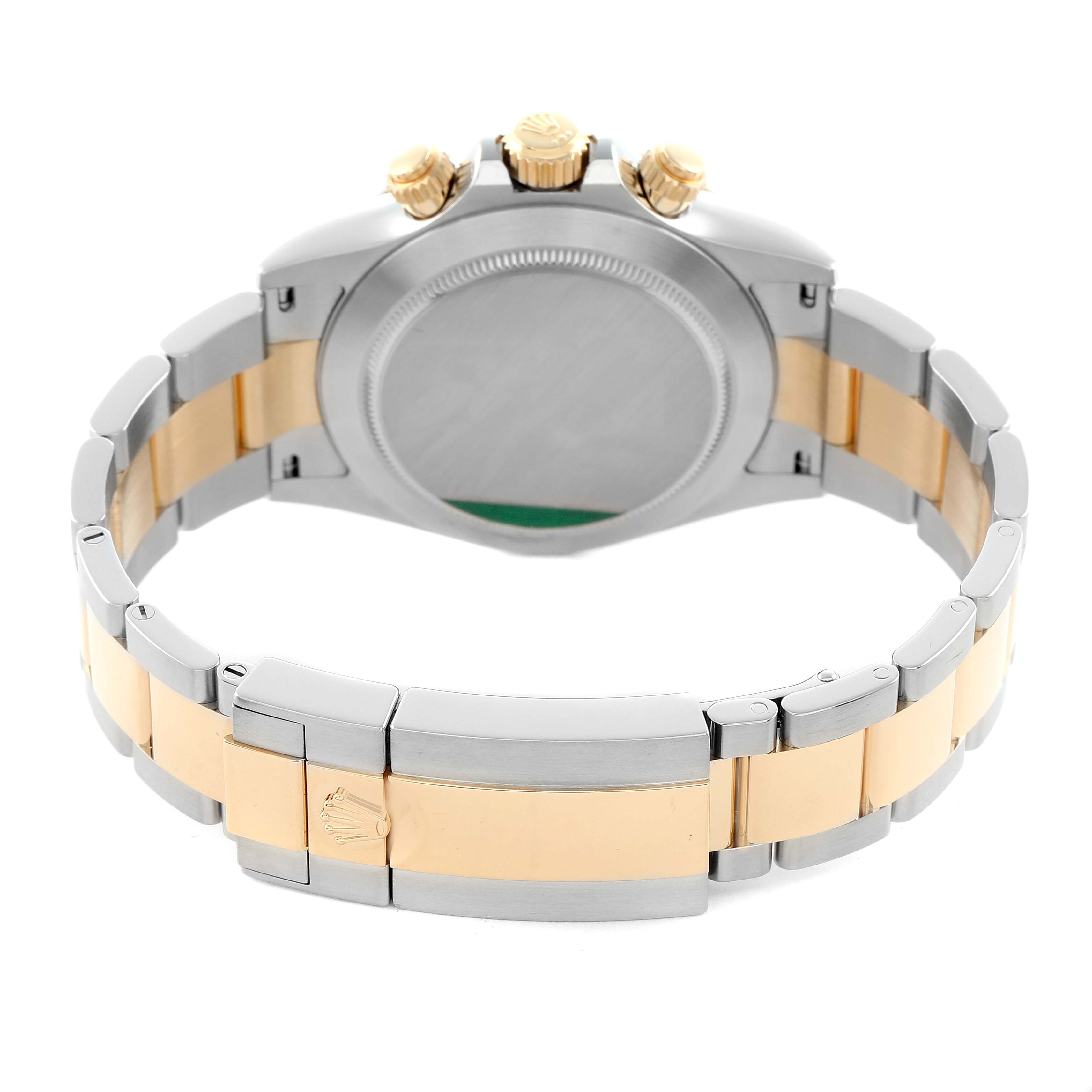 The Rolex Daytona 116503 Men
s Steel and Gold (two tone) Black Dial is shown from the back, highlighting the case back, crown, pushers, and two-tone bracelet.