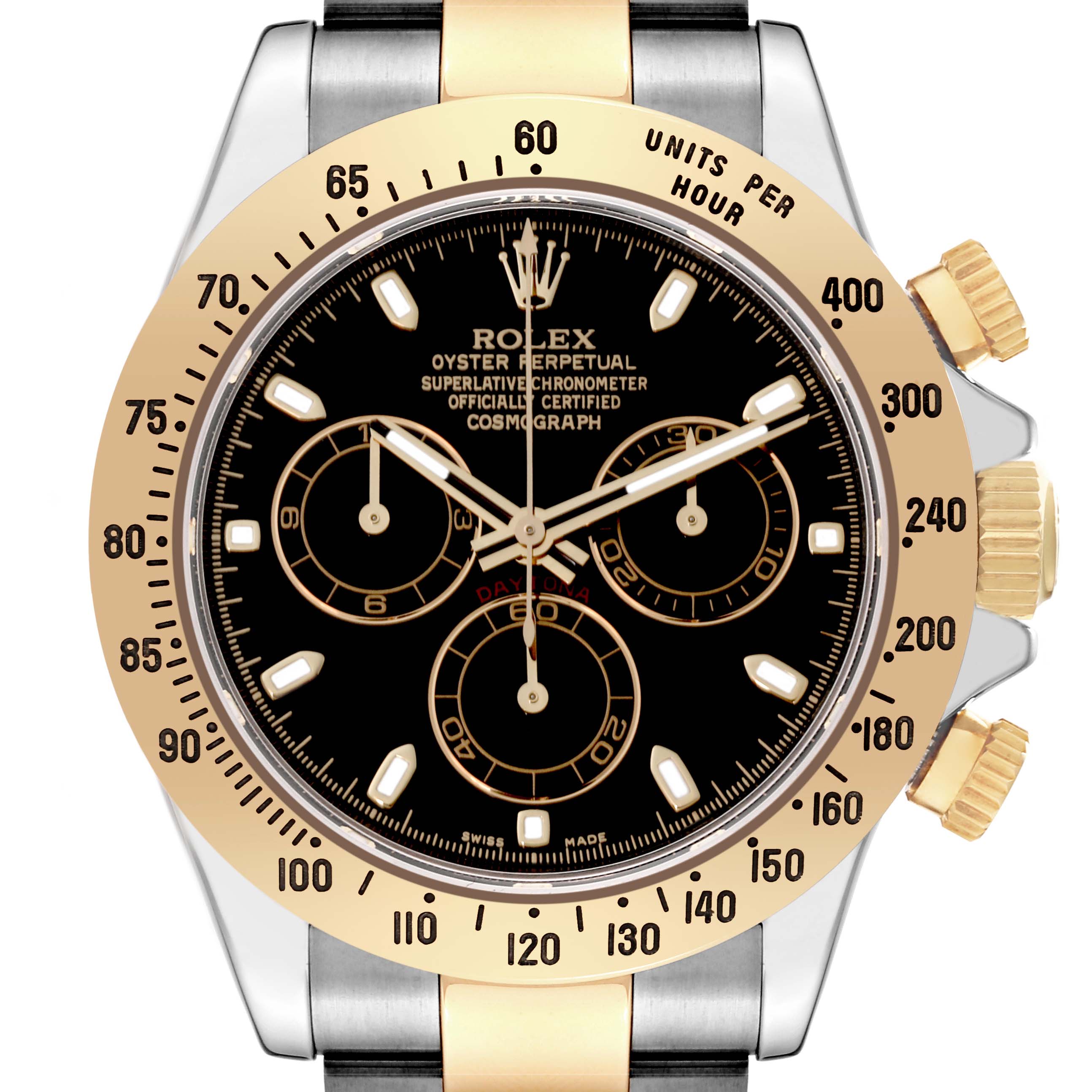 The image shows a frontal view of a Rolex Daytona 116523 Men's Steel and Gold (two tone) Black Dial 116523 Men's Steel and Gold (two tone) Black Dial watch, highlighting its bezel, dial, subdials, and crown.