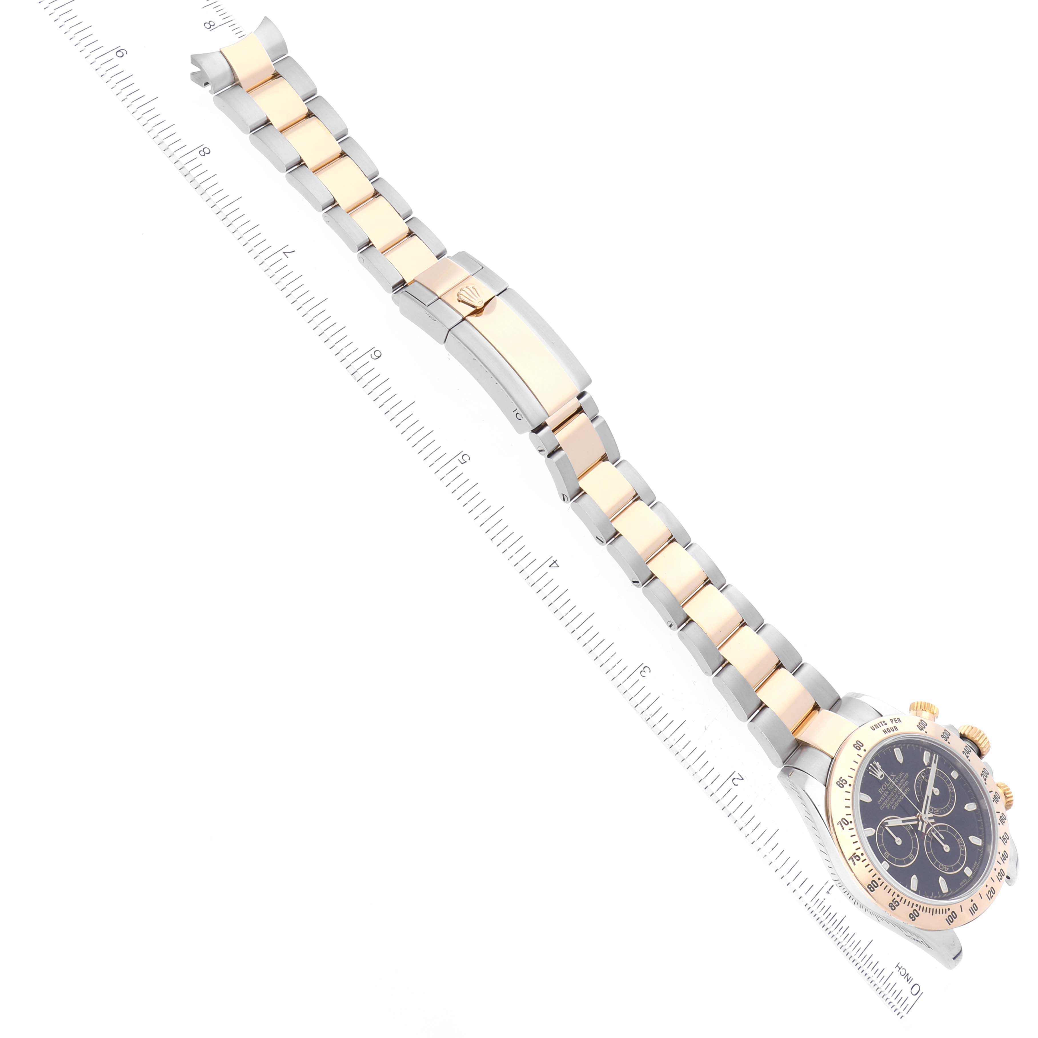 The image shows a top-down view of the Rolex Daytona 116523 Men's Steel and Gold (two tone) Black Dial 116523 Men's Steel and Gold (two tone) Black Dial watch, featuring its band, clasp, and the watch face.