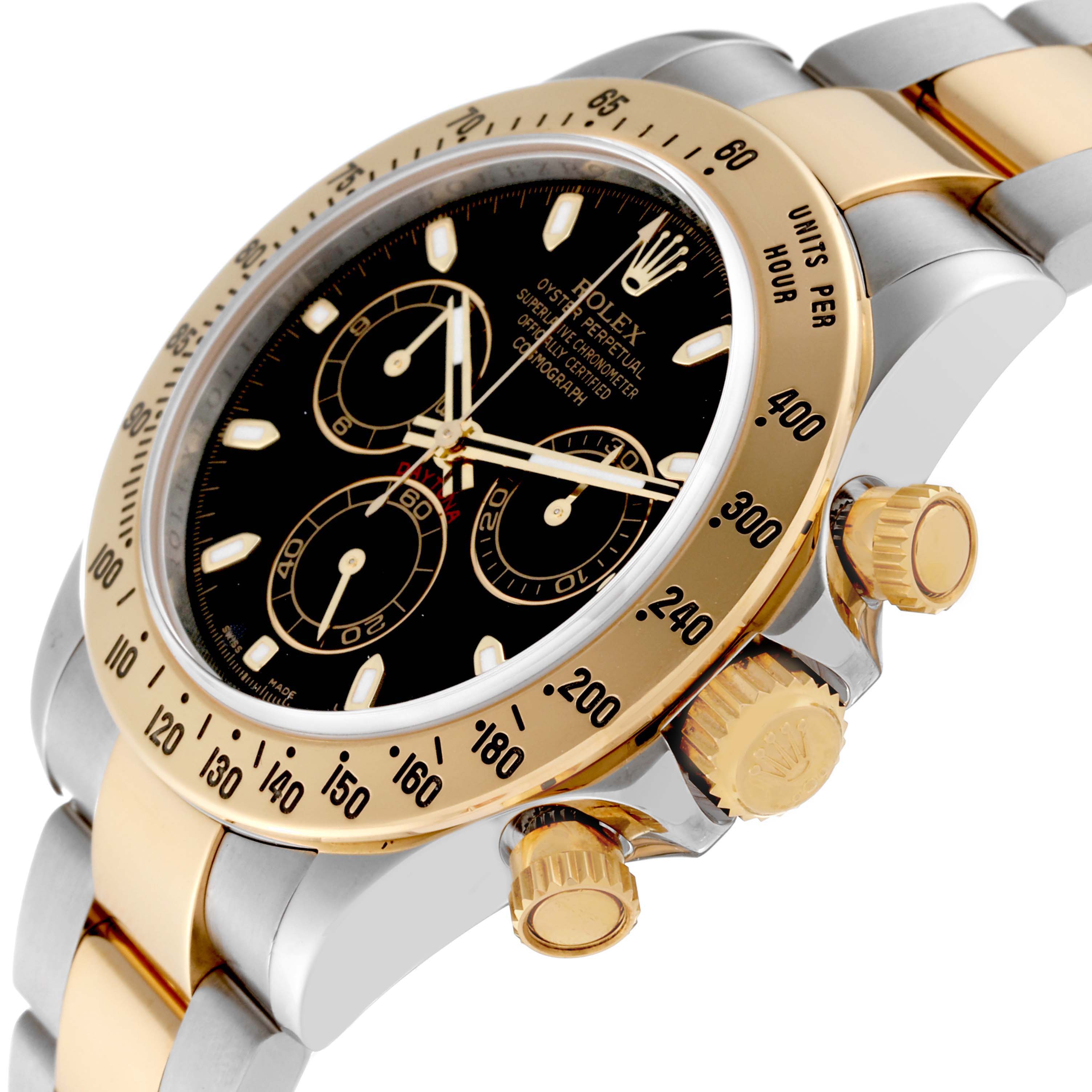 The image shows a close-up, angled view of the Rolex Daytona 116523 Men's Steel and Gold (two tone) Black Dial 116523 Men's Steel and Gold (two tone) Black Dial watch, highlighting its bezel, crown, and bracelet.