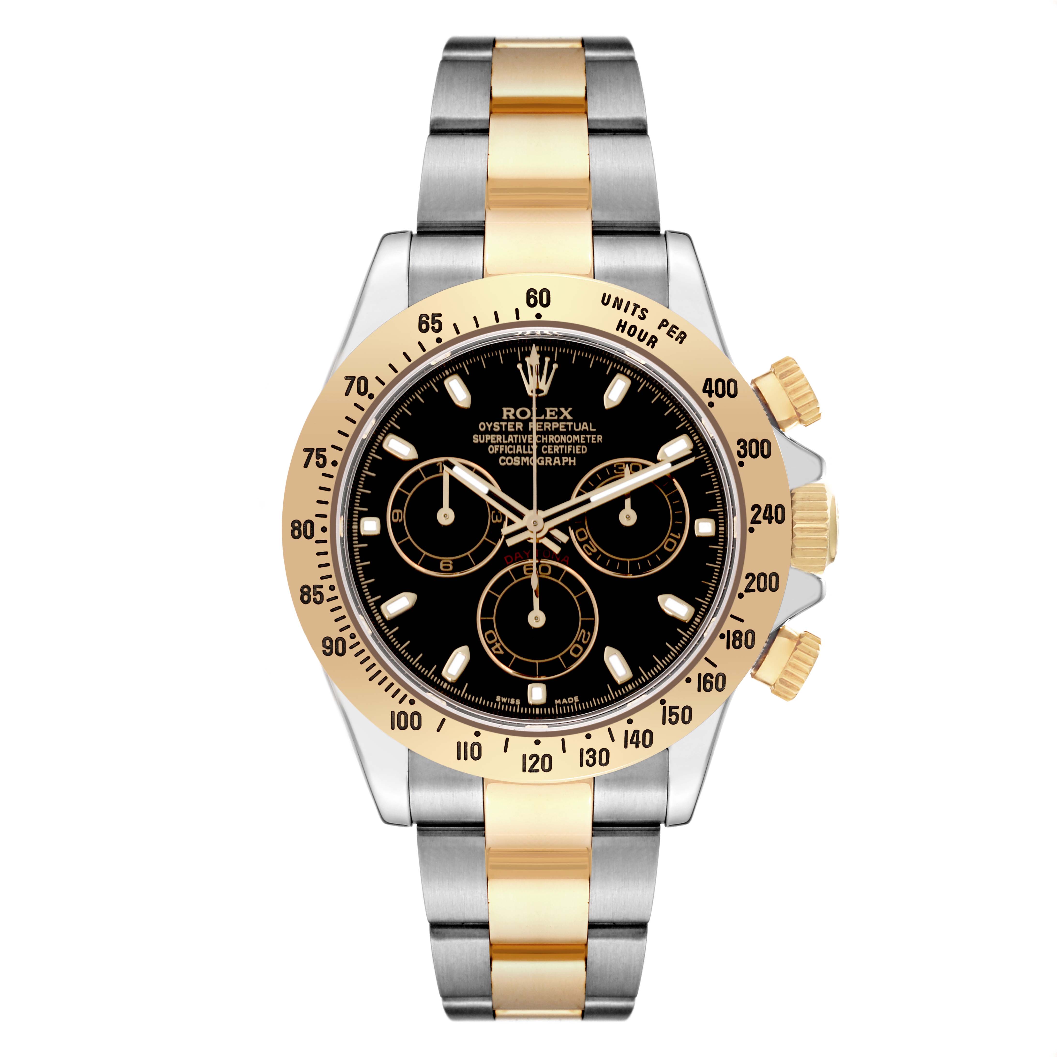 This image shows a Rolex Daytona 116523 Men's Steel and Gold (two tone) Black Dial 116523 Men's Steel and Gold (two tone) Black Dial watch from a front angle, highlighting its black dial, gold bezel, and two-tone bracelet.