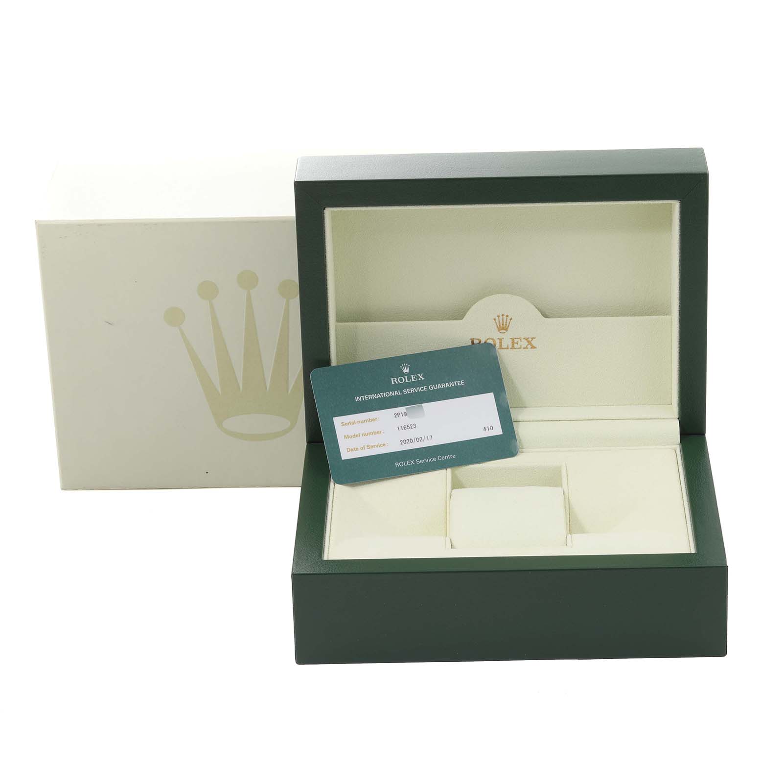 The image shows the packaging and warranty card for a Rolex Daytona 116523 Men's Steel and Gold (two tone) Black Dial 116523 Men's Steel and Gold (two tone) Black Dial, with the watch box open and empty.