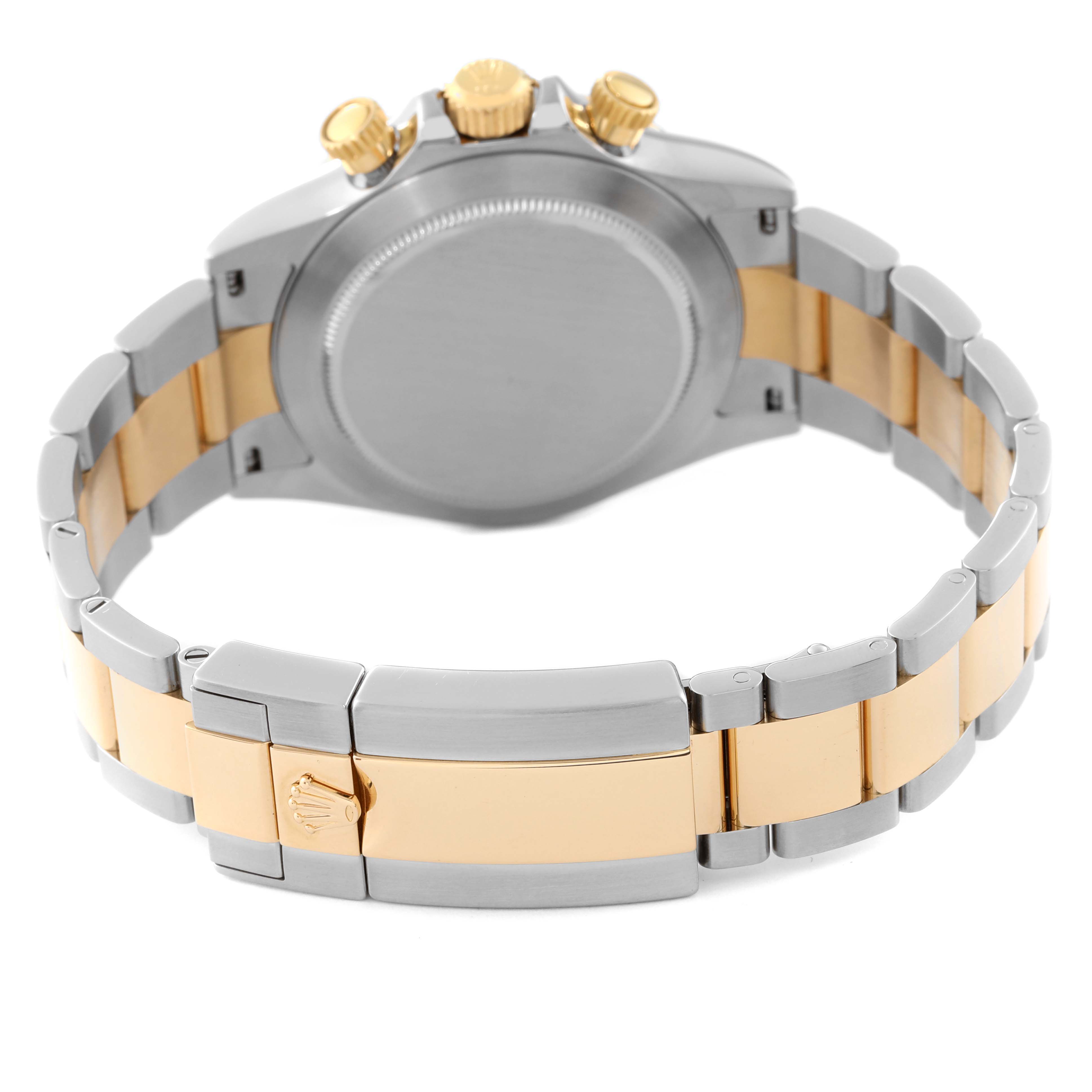 This image shows the back case and bracelet clasp of a Rolex Daytona 116523 Men's Steel and Gold (two tone) Black Dial 116523 Men's Steel and Gold (two tone) Black Dial watch.