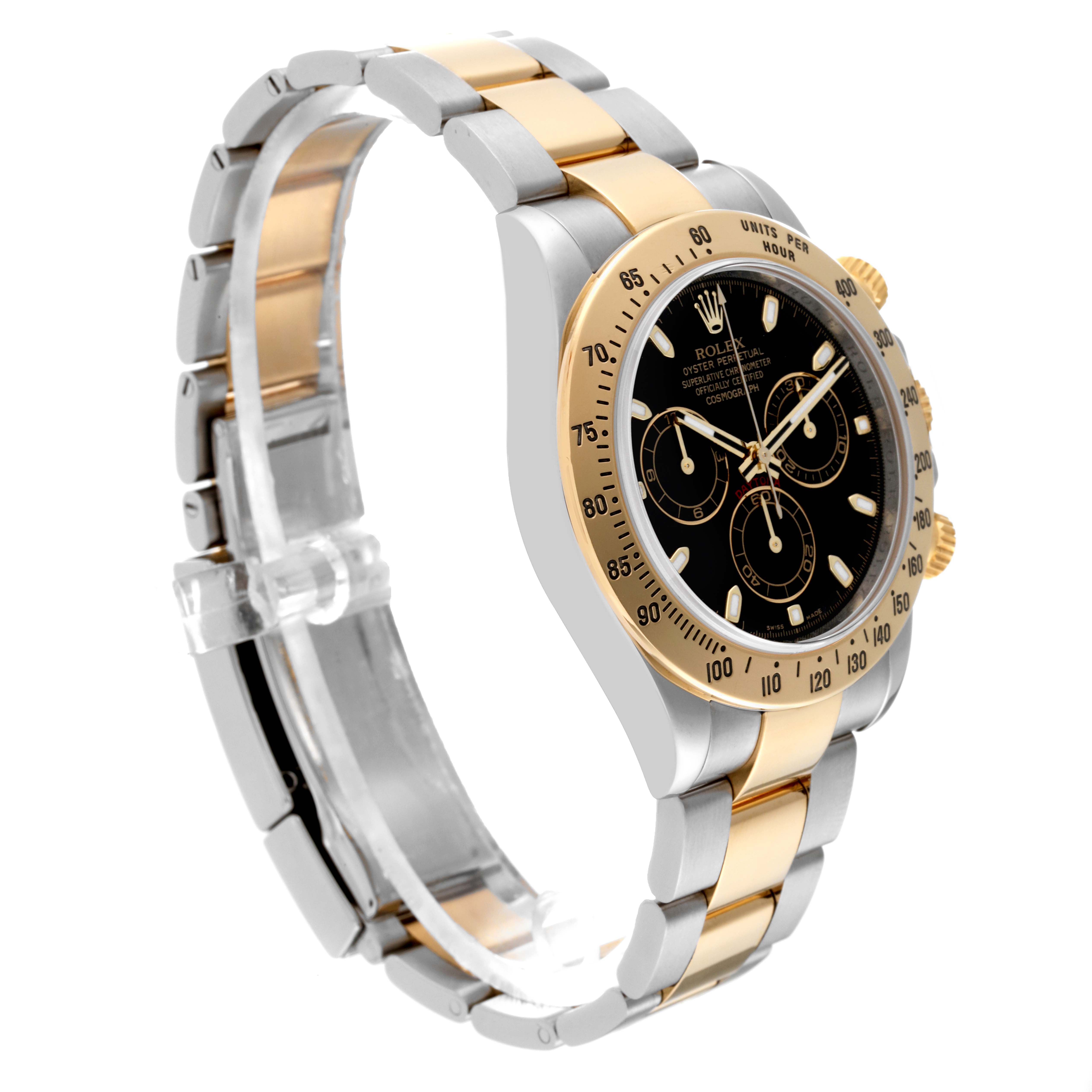The image shows a Rolex Daytona 116523 Men's Steel and Gold (two tone) Black Dial 116523 Men's Steel and Gold (two tone) Black Dial watch at an angled side view, highlighting the bracelet, bezel, and face with its chronograph dials.