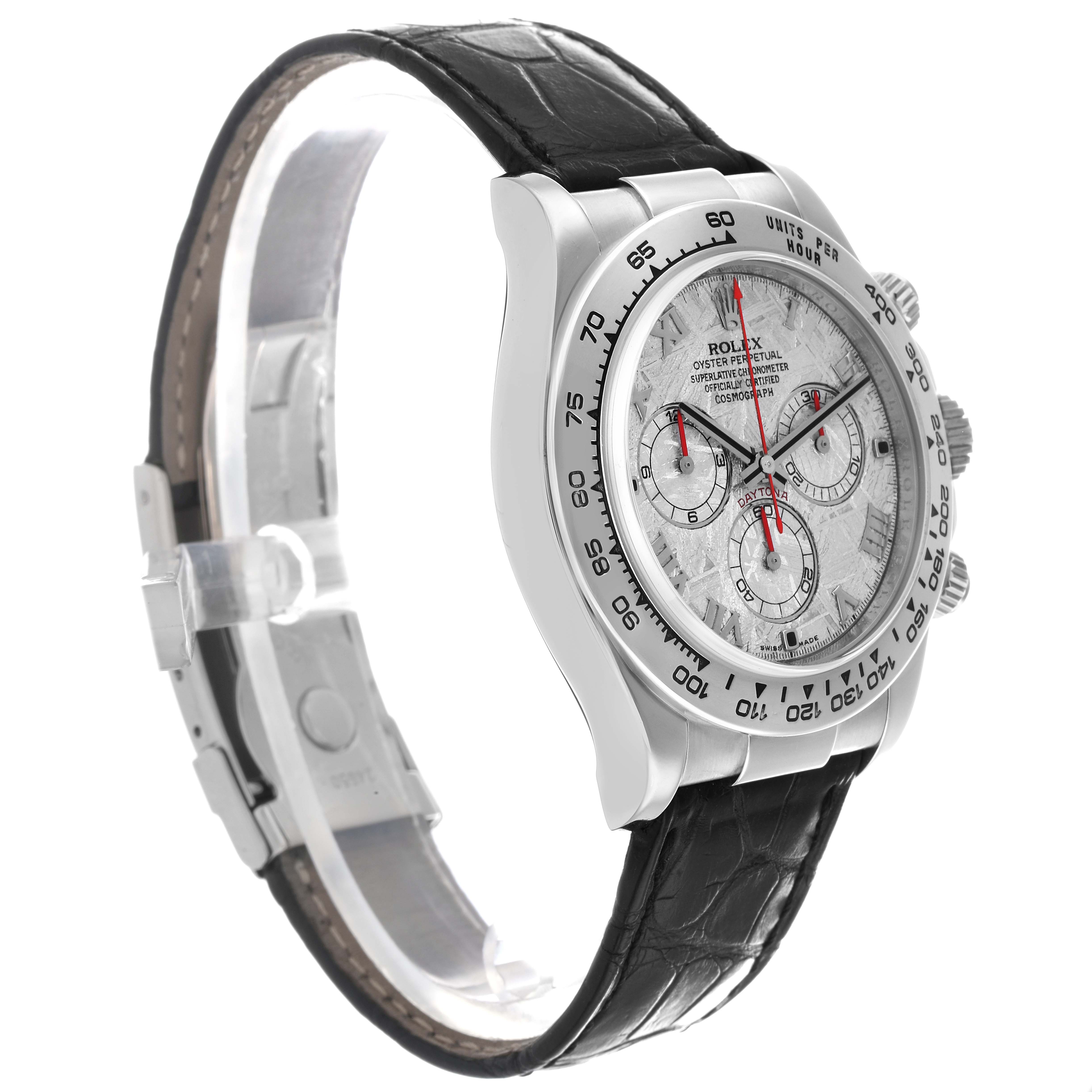 The Rolex Daytona 116519 Men
s White Gold Silver Dial watch is shown at a three-quarter angle, highlighting the dial, bezel, crown, and leather strap.