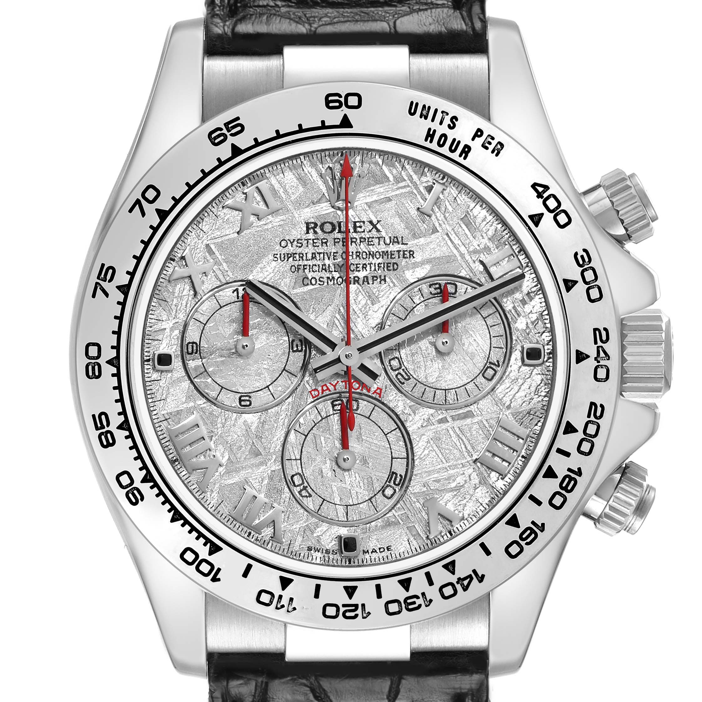 The Rolex Daytona 116519 Men
s White Gold Silver Dial watch is shown from the front angle, displaying its face, bezel, sub-dials, and crown.