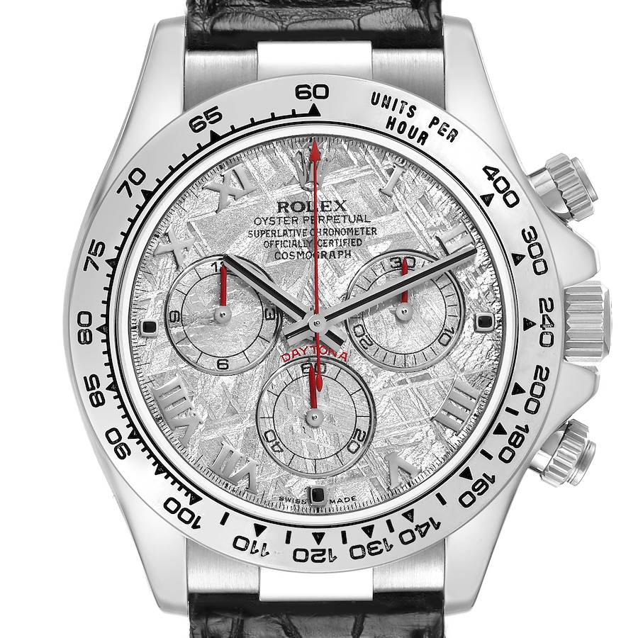 The Rolex Daytona 116519 Men's White Gold Silver Dial watch is shown from the front angle, displaying its face, bezel, sub-dials, and crown.