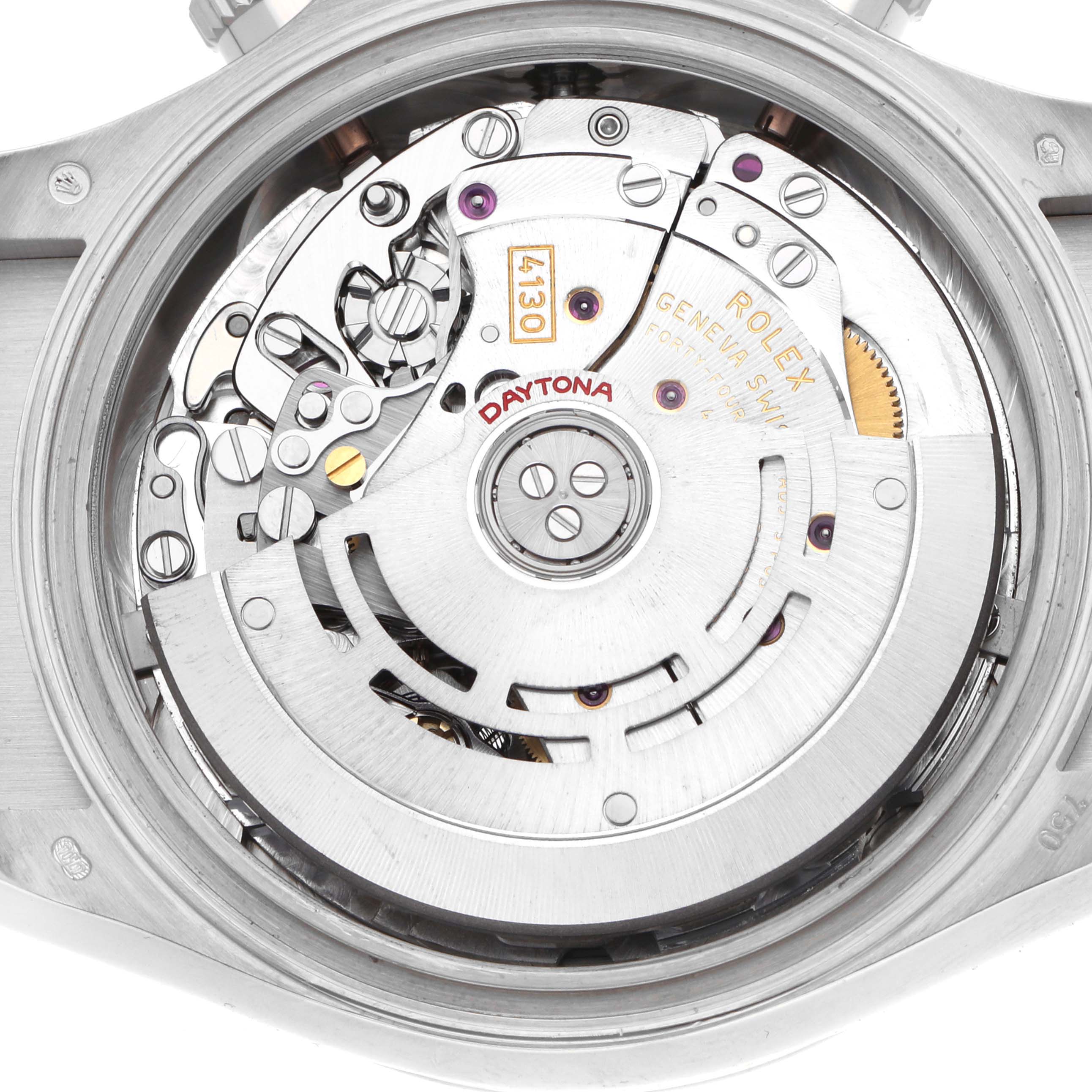The image shows the internal mechanism of a Rolex Daytona 116519 Men
s White Gold Silver Dial watch, highlighting the rotor and movement components.