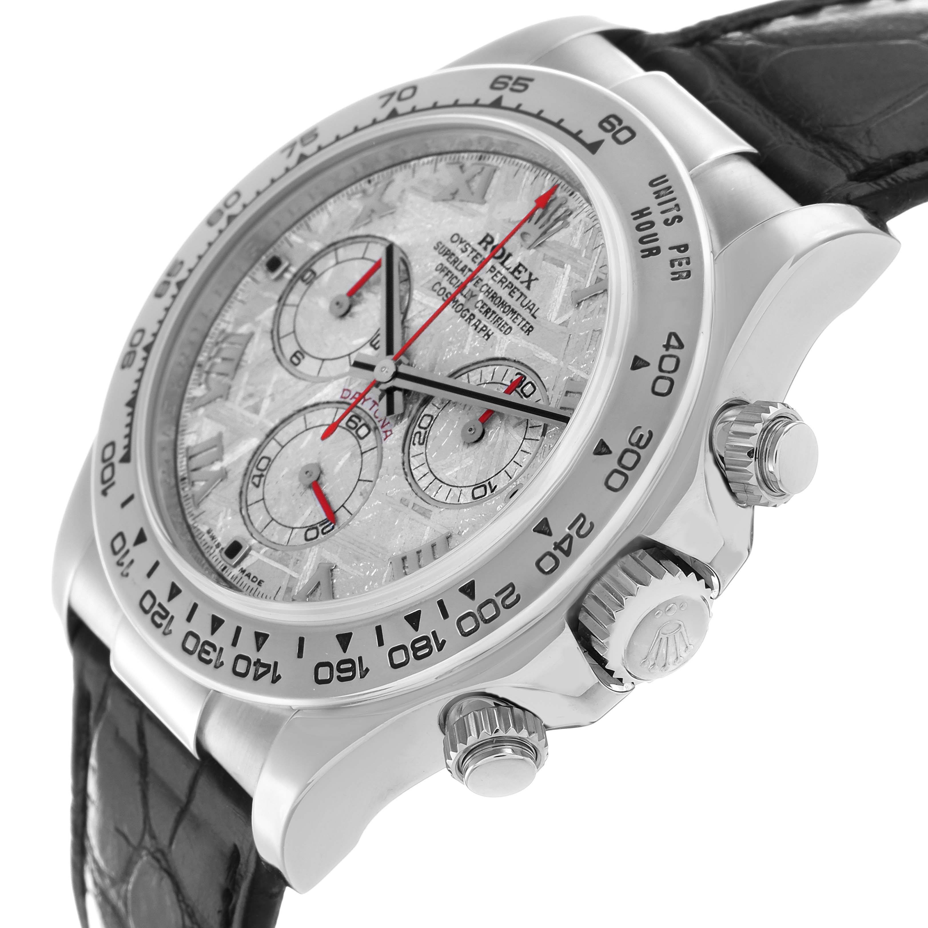 The Rolex Daytona 116519 Men
s White Gold Silver Dial watch is shown at a slight side angle, highlighting the bezel, crown, pushers, and textured dial with subdials.