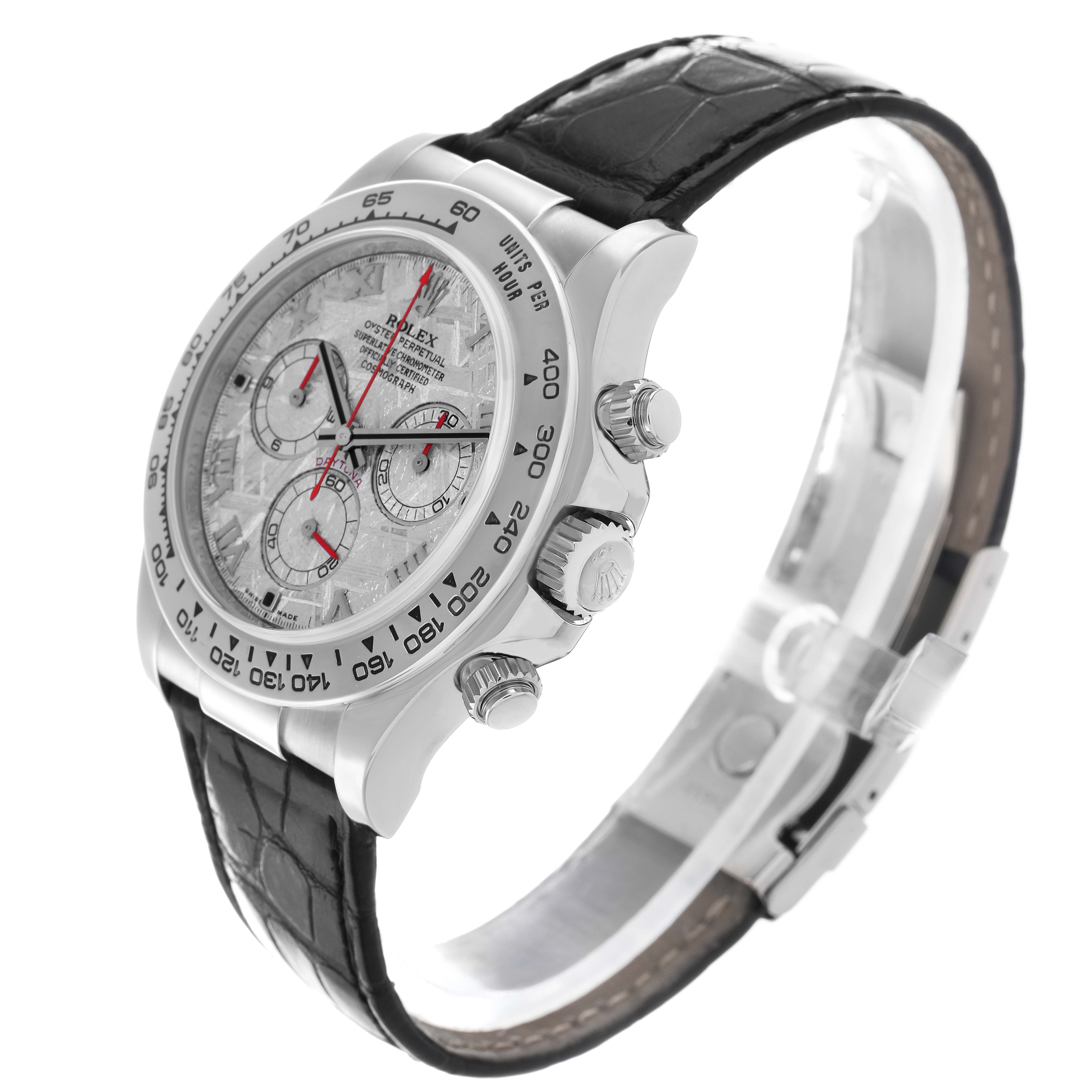 The Rolex Daytona 116519 Men
s White Gold Silver Dial watch is shown at a three-quarter angle, displaying the face, side pushers, and black leather strap.