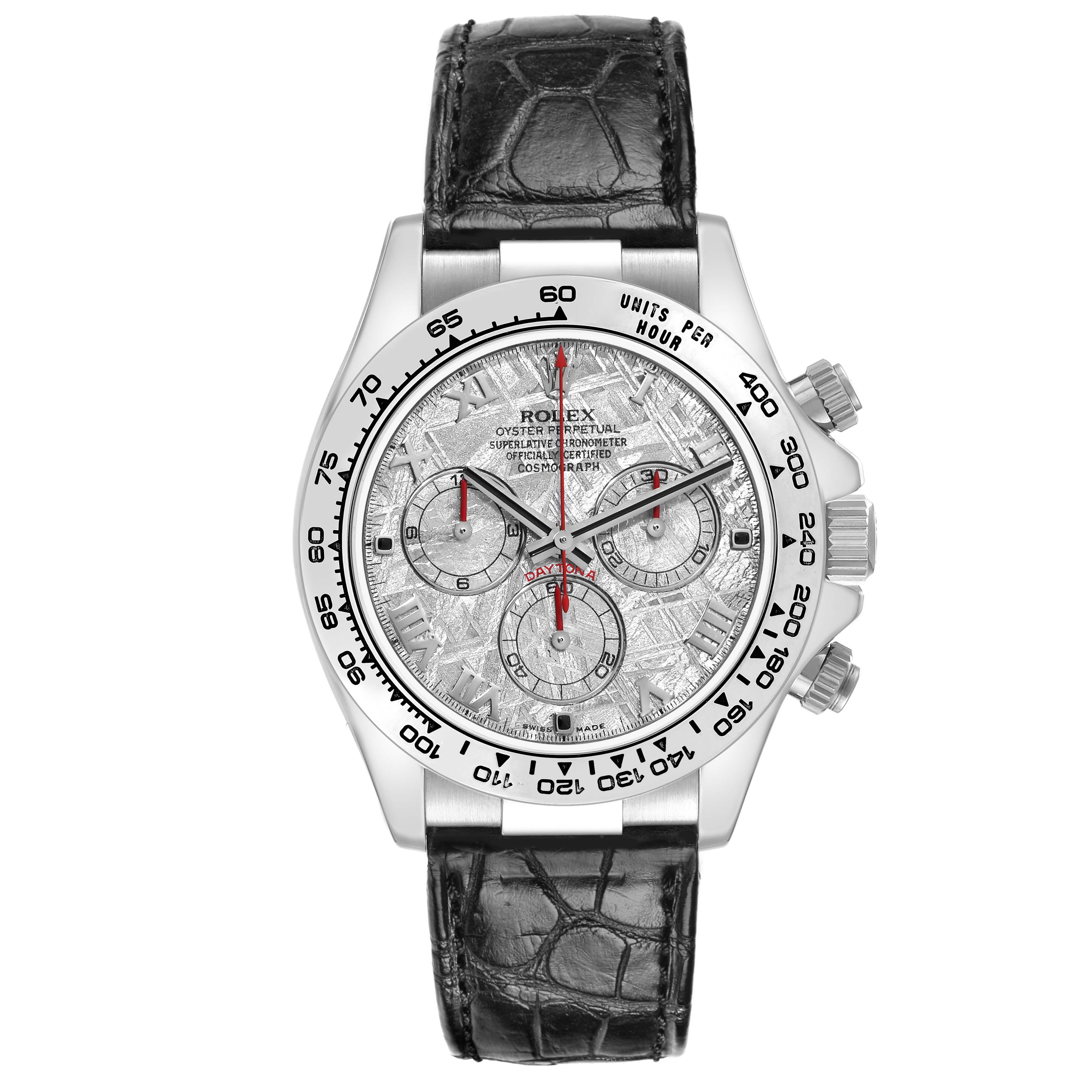 The image shows a Rolex Daytona 116519 Men
s White Gold Silver Dial watch from the front, highlighting the dial, bezel, pushers, and leather strap.