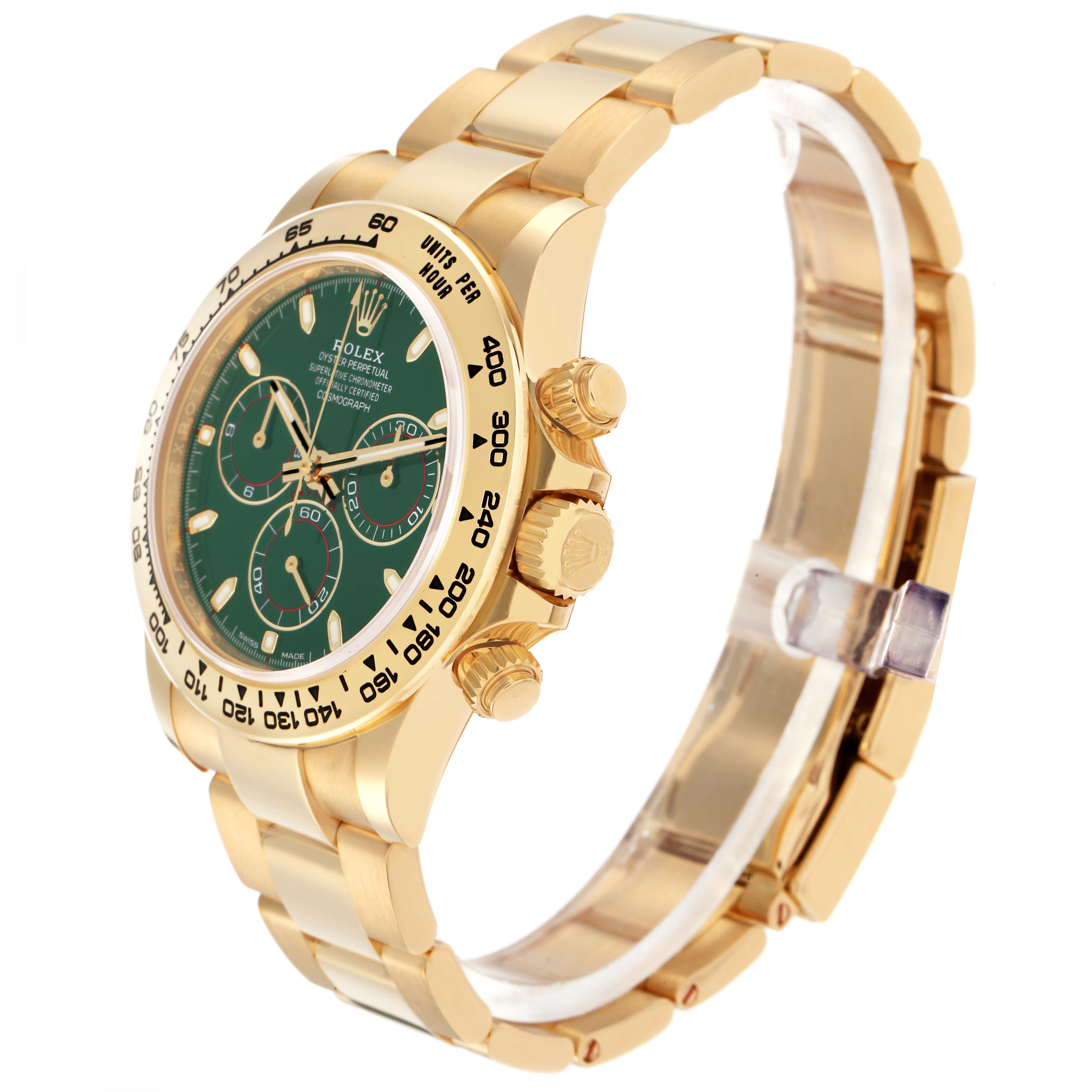 The Rolex Daytona 116508 Men
s Yellow Gold Green Dial watch is shown at an angled side view, highlighting the bezel, crown, pushers, and bracelet.