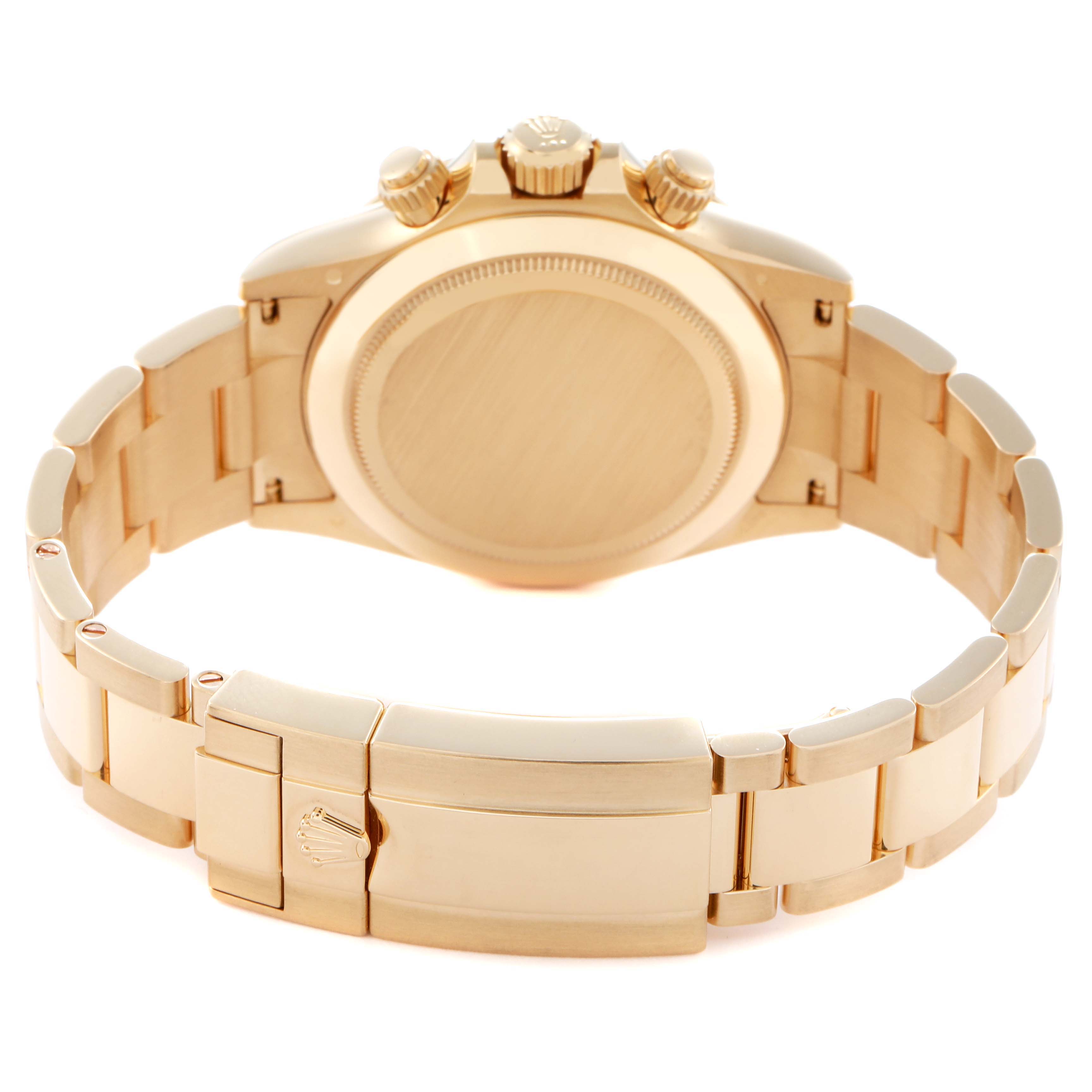 The image shows the back of the Rolex Daytona 116508 Men
s Yellow Gold Green Dial watch, highlighting the clasp and bracelet links, in a gold finish.