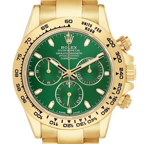 The Rolex Daytona 116508 Men's Yellow Gold Green Dial watch is shown from the front, highlighting its green dial, three subdials, and gold bezel with tachymetric scale.