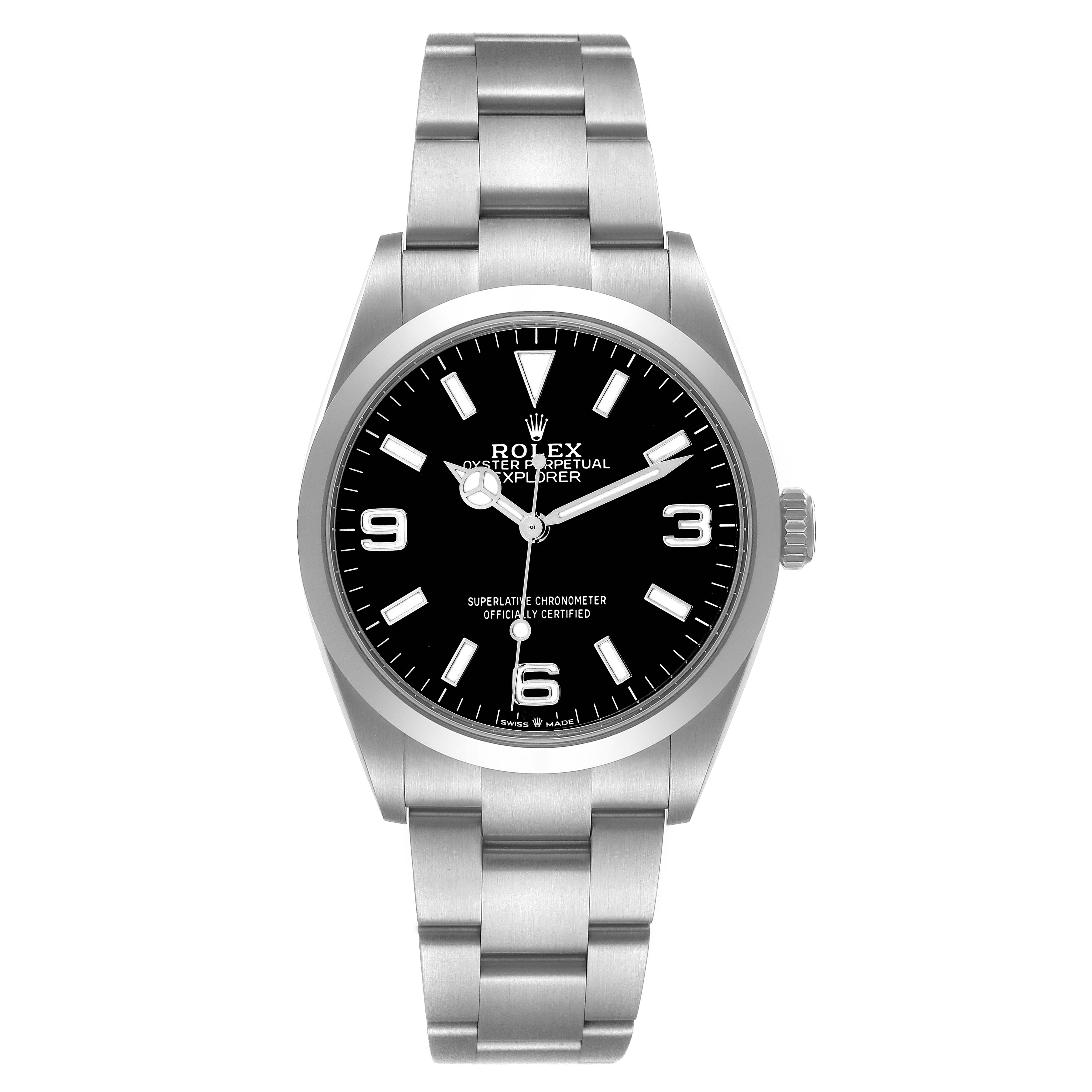 The Rolex Explorer 124270 Men
s Stainless Steel Black Dial watch is shown from a front angle, displaying its face, bezel, crown, and bracelet.