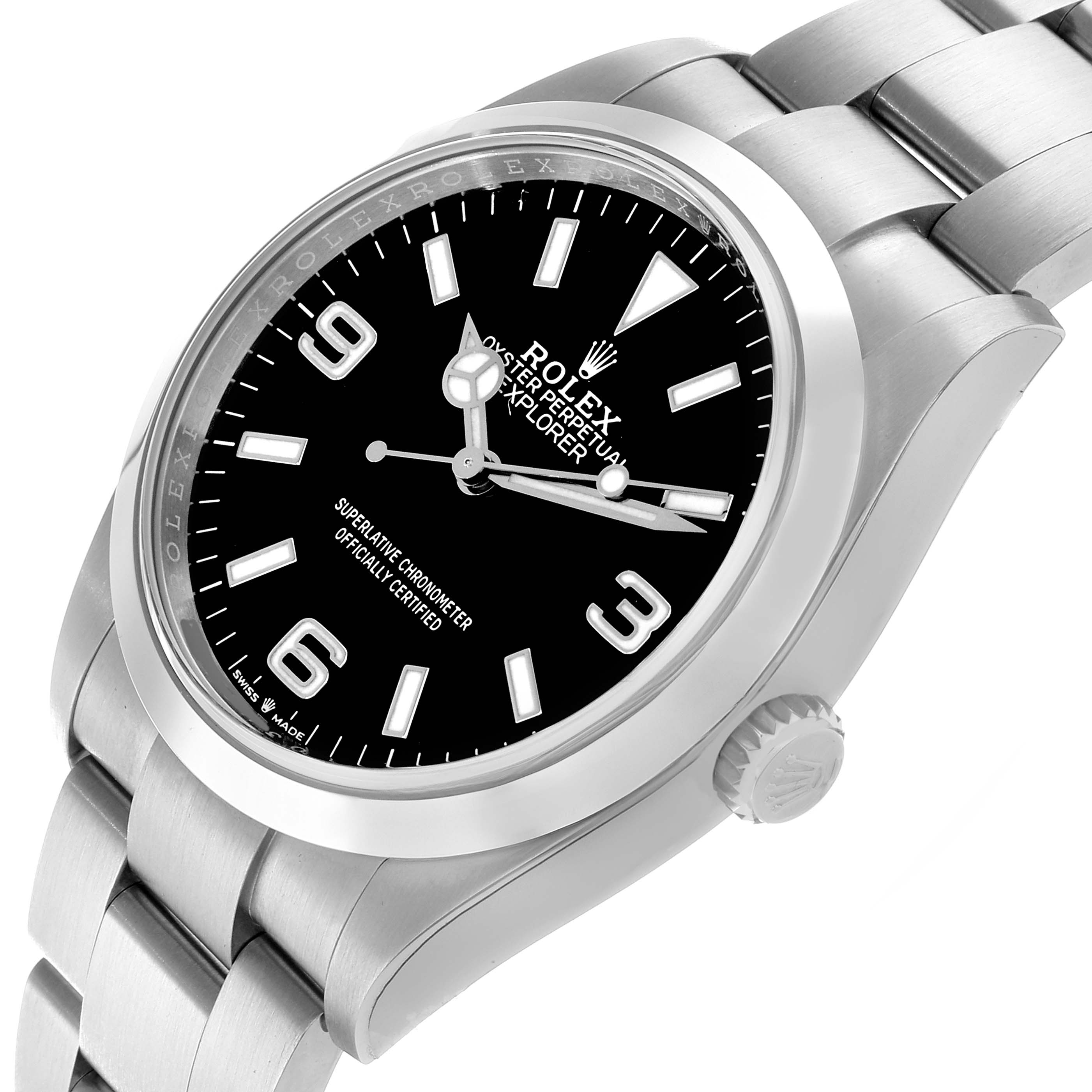 The Rolex Explorer 124270 Men
s Stainless Steel Black Dial watch is shown at a slight angle, displaying the face, crown, and part of the bracelet.