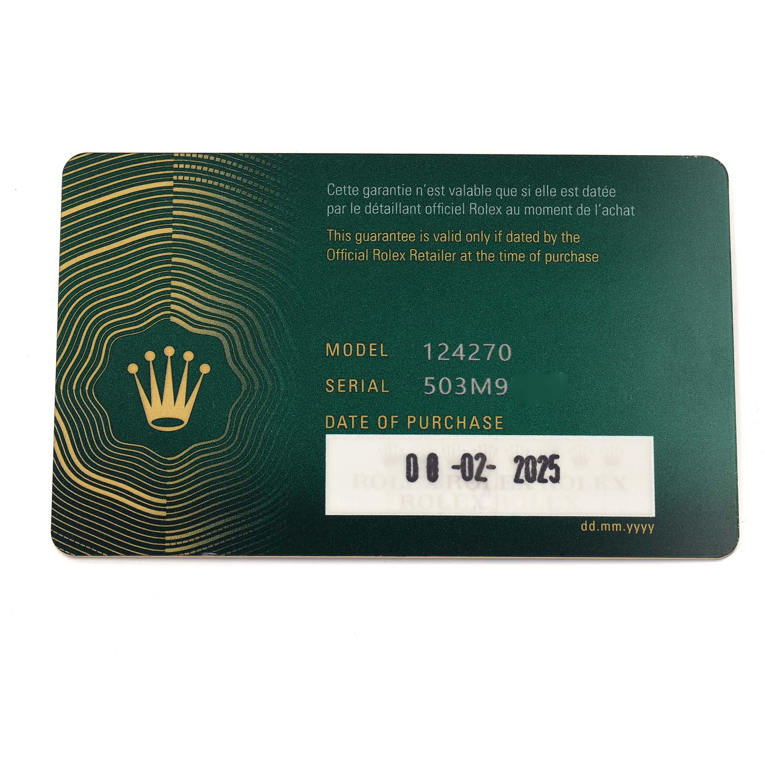 The image shows the guarantee card for a Rolex Explorer 124270 Men
s Stainless Steel Black Dial, model 124270, featuring the crown logo and purchase details.