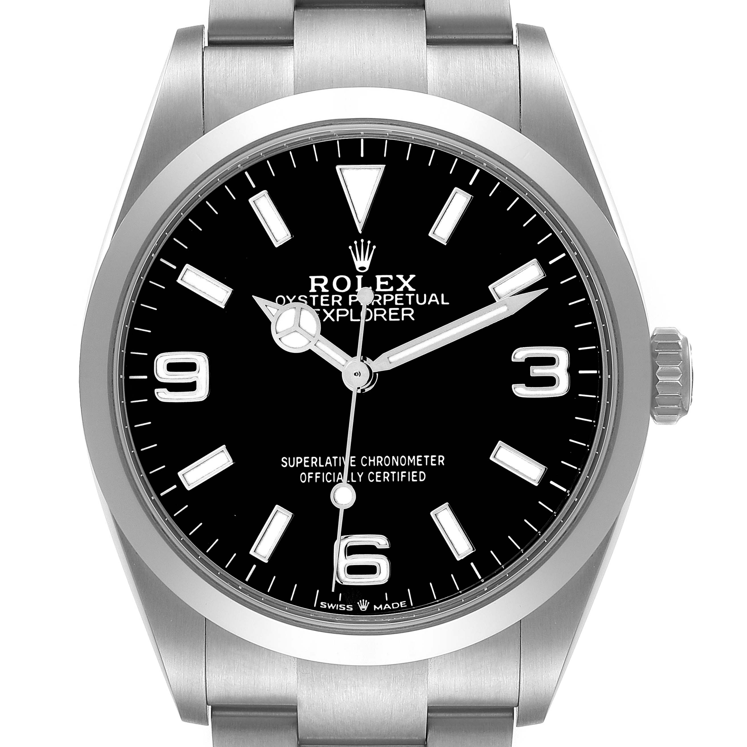 The Rolex Explorer 124270 Men
s Stainless Steel Black Dial watch is shown from a front angle, highlighting its black dial with distinctive hour markers and a stainless steel bracelet.