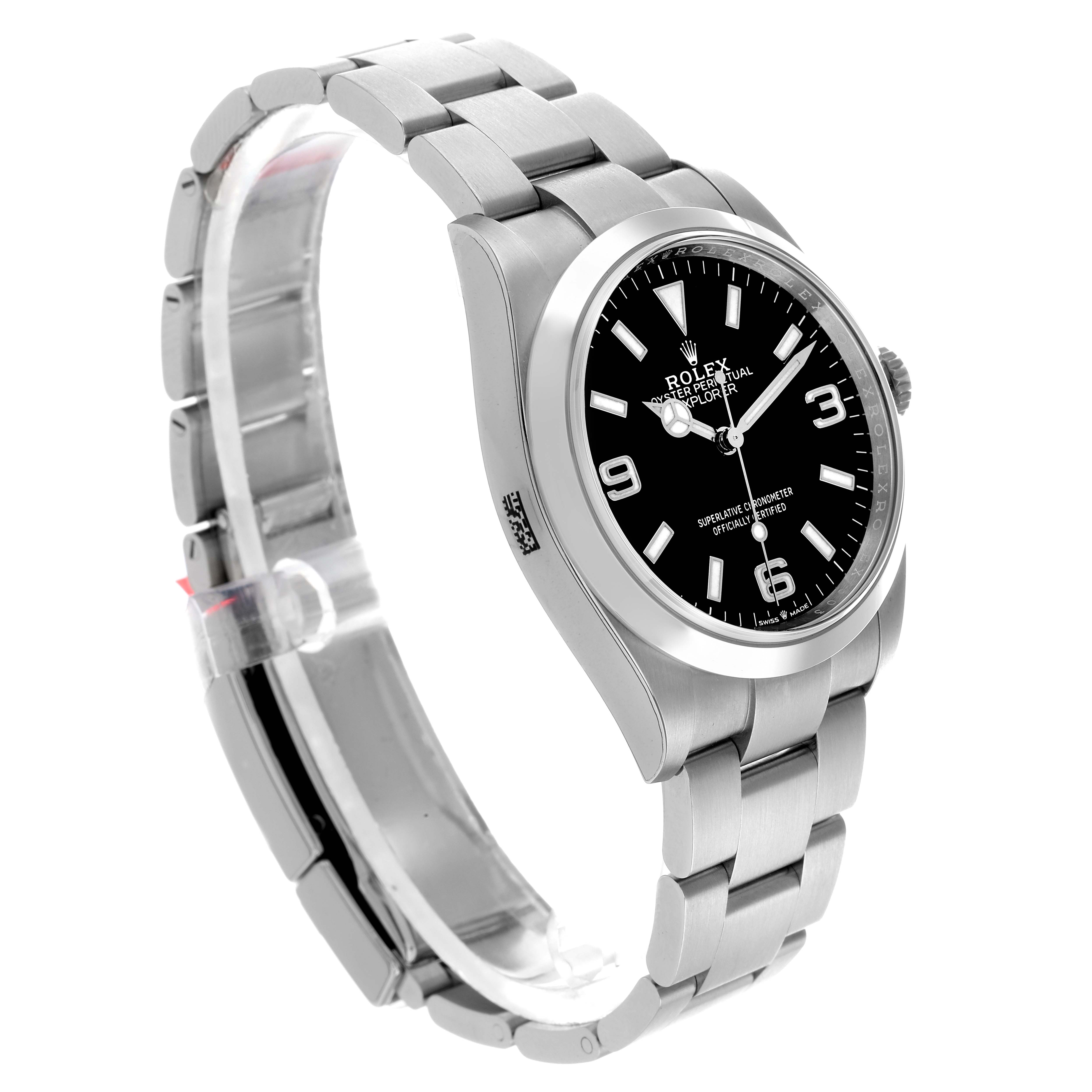 The Rolex Explorer 124270 Men
s Stainless Steel Black Dial watch is shown from a side angle, displaying the bracelet, case, and dial.