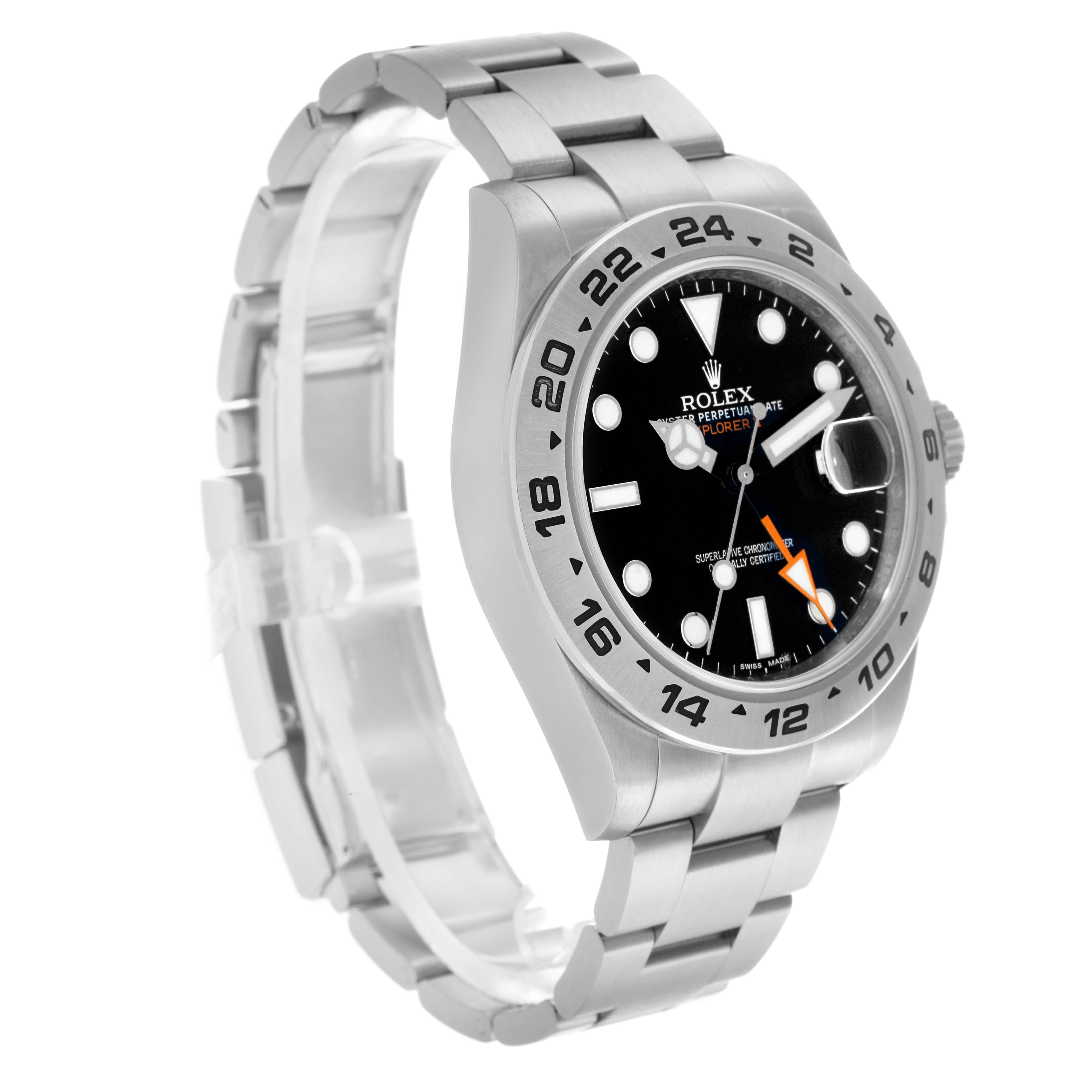The Rolex Explorer 216570 Men
s Stainless Steel Black Dial watch is shown at a three-quarter angle, displaying the dial, bezel, case, and bracelet.