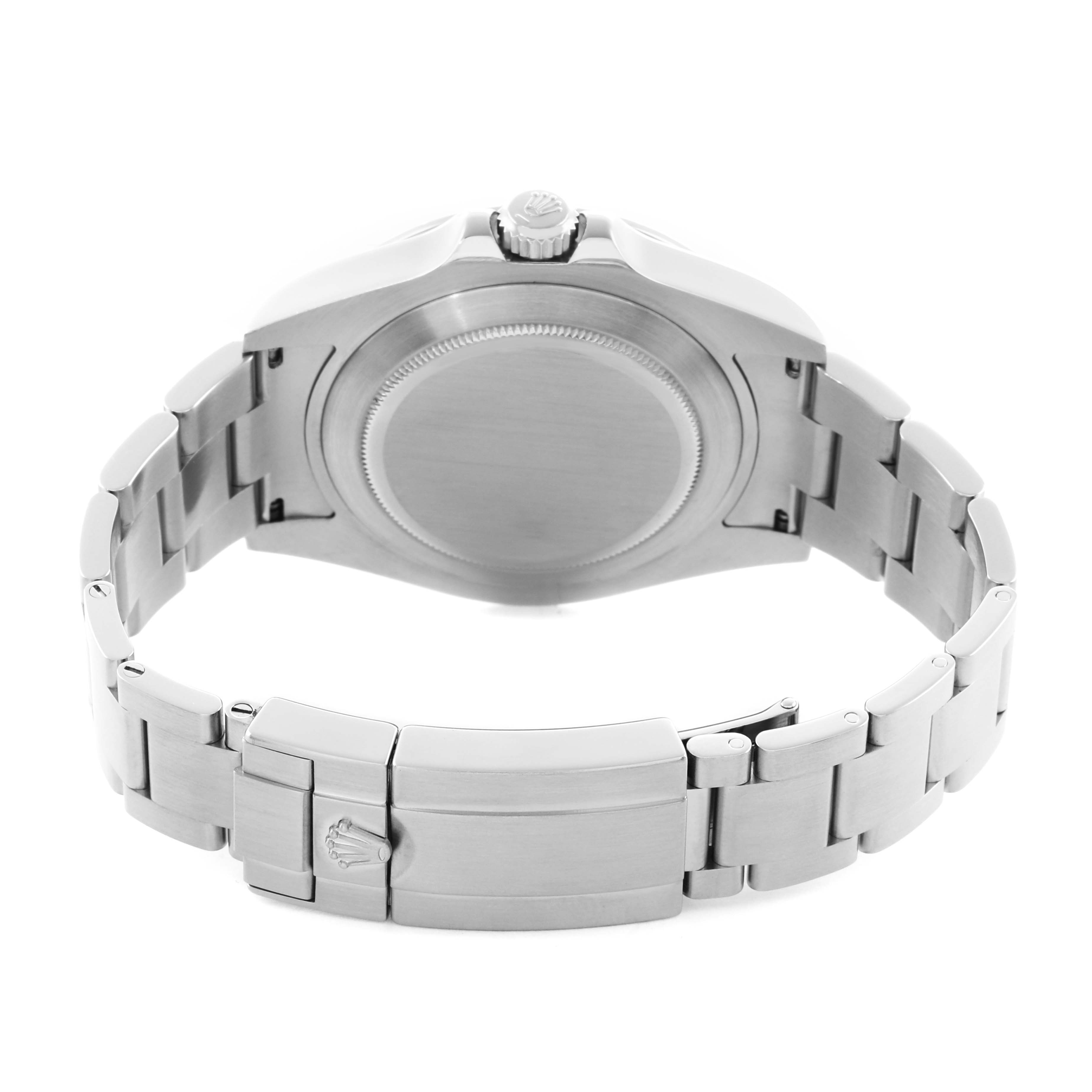 The image shows the Rolex Explorer 216570 Men
s Stainless Steel Black Dial
s back case, bracelet, and clasp from a rear angle.