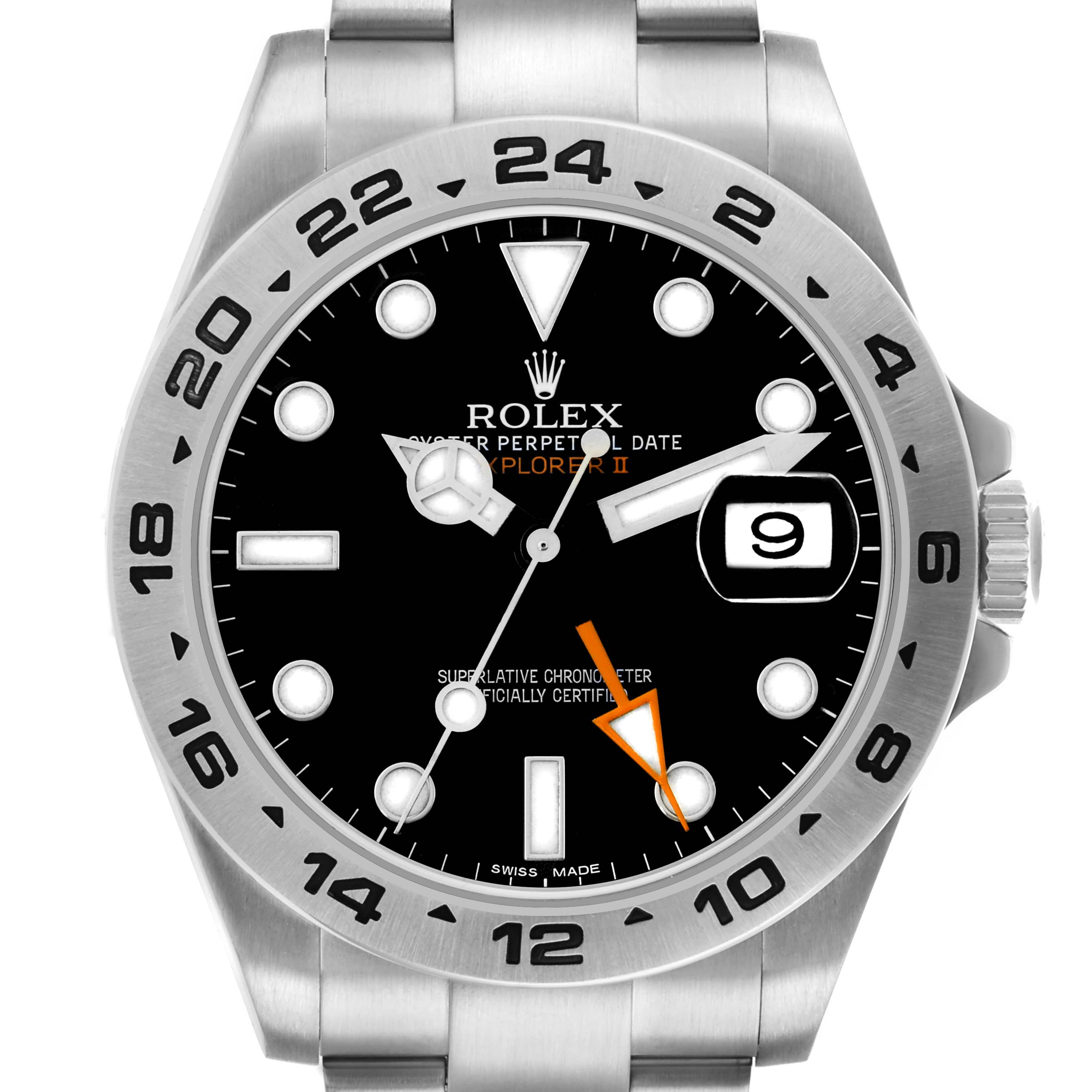 The Rolex Explorer 216570 Men
s Stainless Steel Black Dial II watch is shown from the front, highlighting the dial, hands, case, and part of the bracelet.