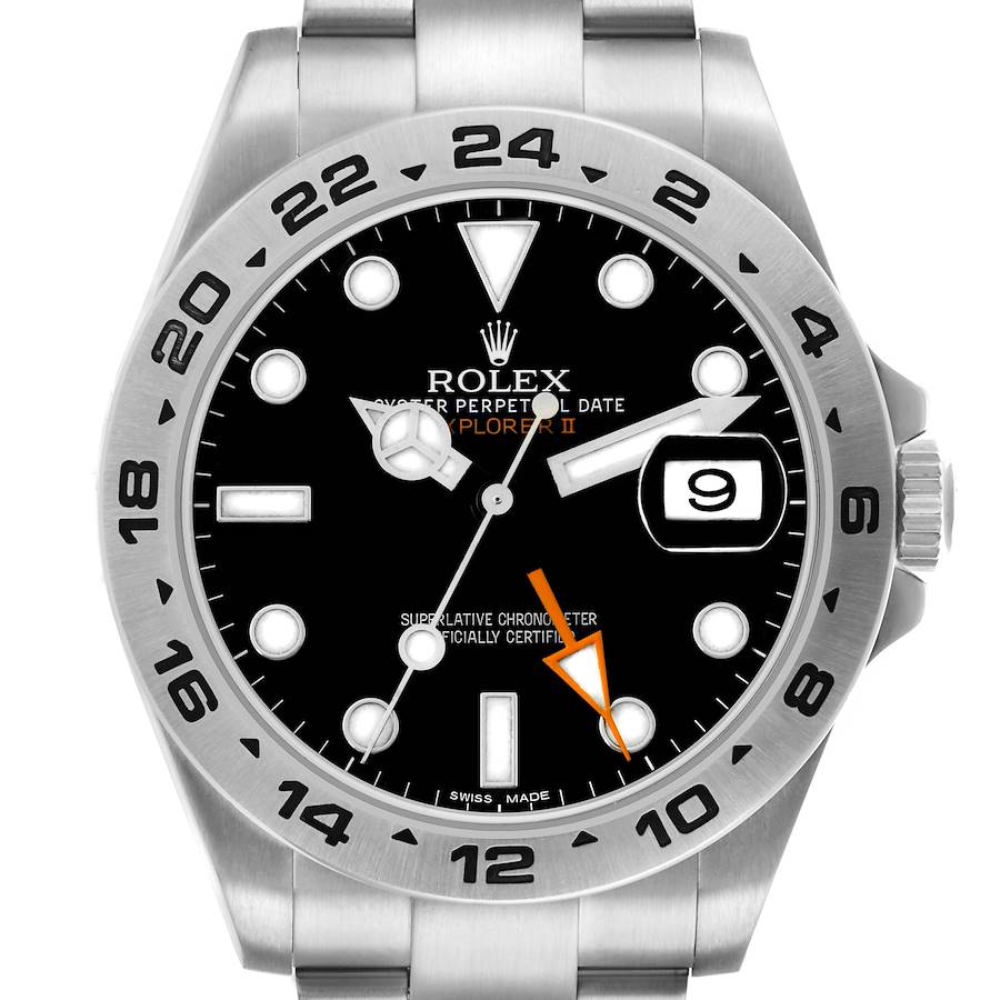 The Rolex Explorer 216570 Men's Stainless Steel Black Dial II watch is shown from the front, highlighting the dial, hands, case, and part of the bracelet.