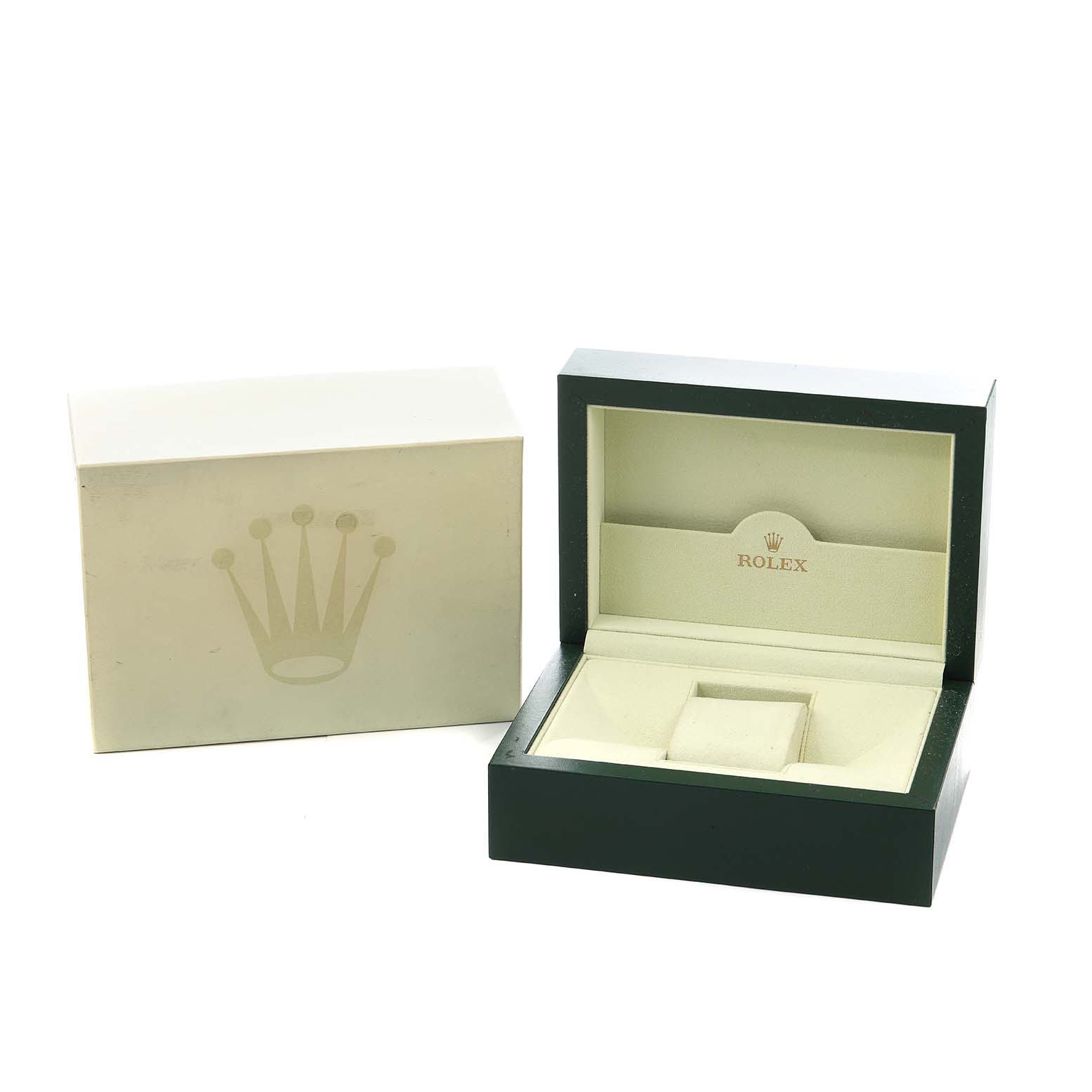 The image shows an open Rolex Explorer 216570 Men
s Stainless Steel Black Dial watch box and its outer case, viewed from the front.