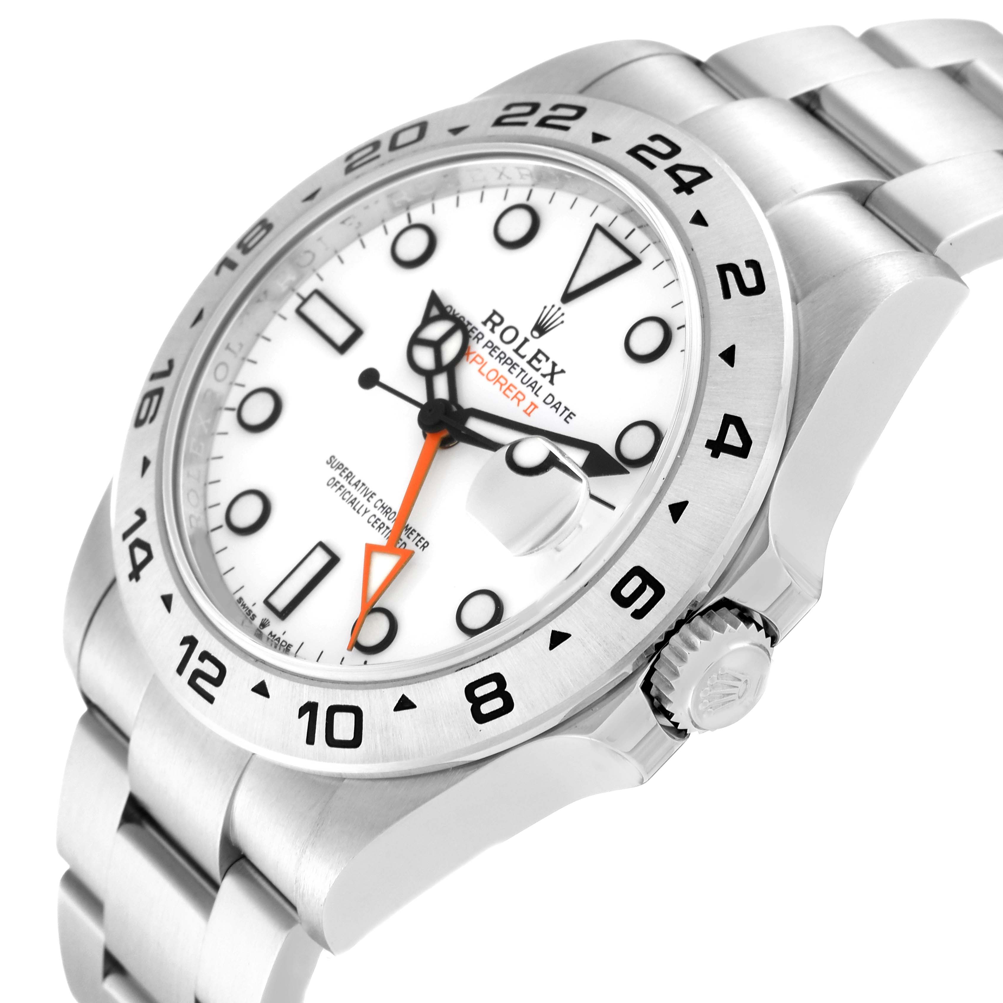 The image shows the Rolex Explorer 226570 Men's Stainless Steel White Dial 226570 Men's Stainless Steel White Dial II's white dial, bezel, crown, and part of the bracelet from an angled view.