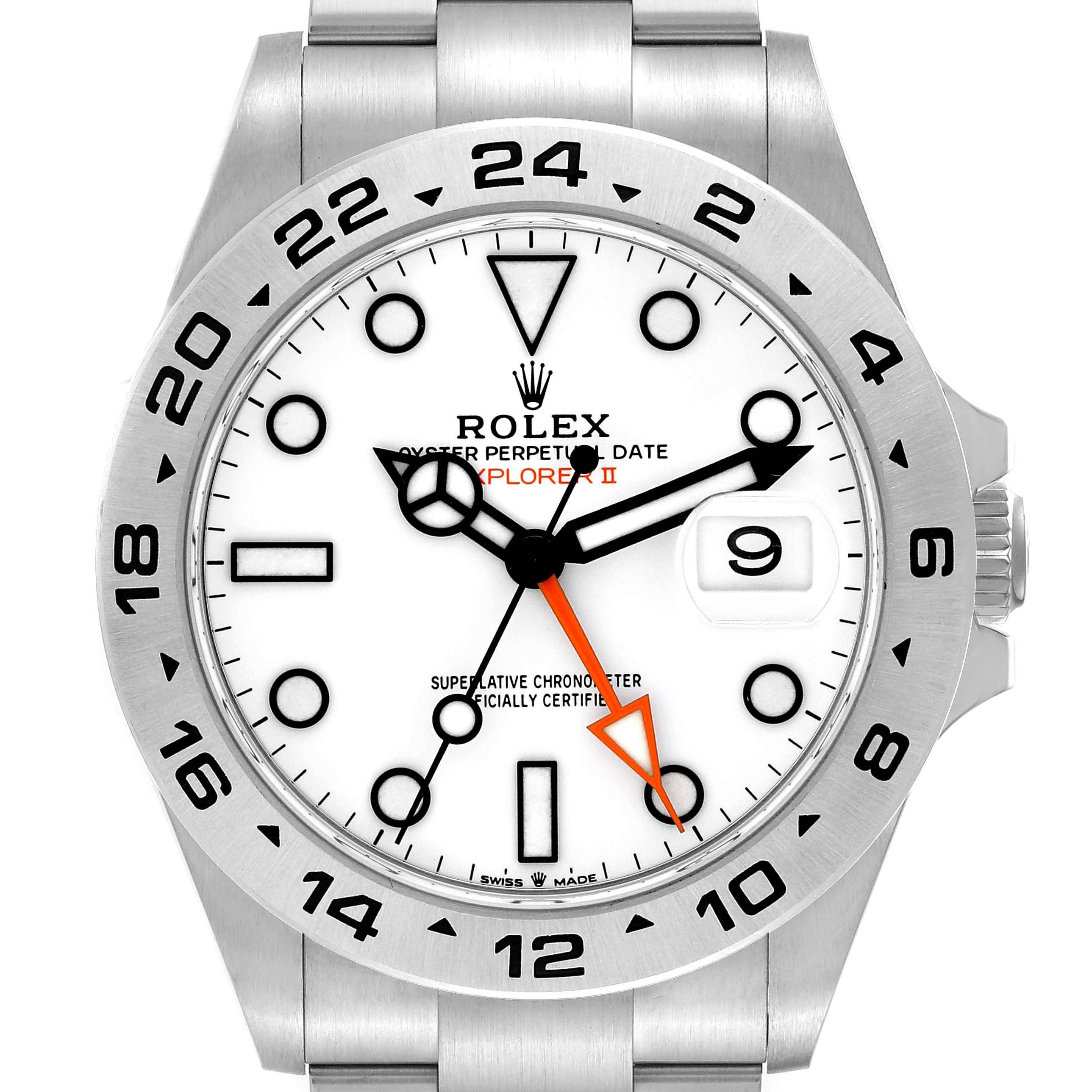 The image shows a frontal view of the Rolex Explorer 226570 Men's Stainless Steel White Dial 226570 Men's Stainless Steel White Dial watch, highlighting the dial, hands, bezel, and date window.